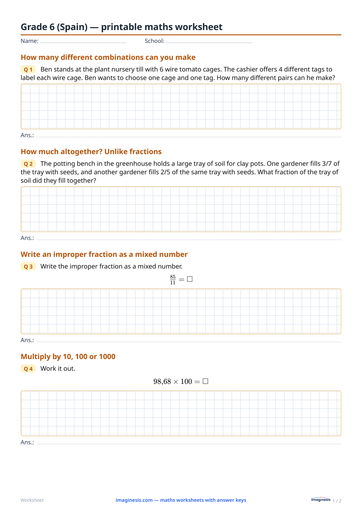 Grade 6 (Spain) — printable maths worksheet — Student sheet: printable maths worksheet (Grade 6, Spain)