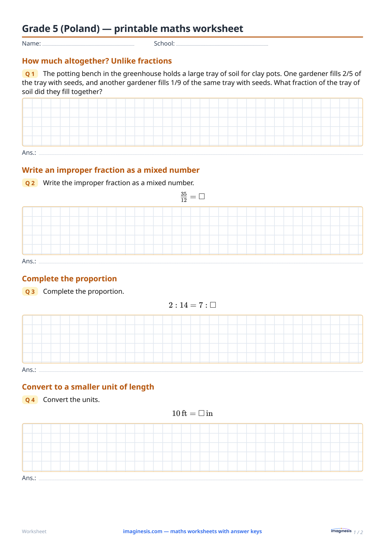 Grade 5 (Poland) — printable maths worksheet — Student sheet: printable maths worksheet (Grade 5, Poland)
