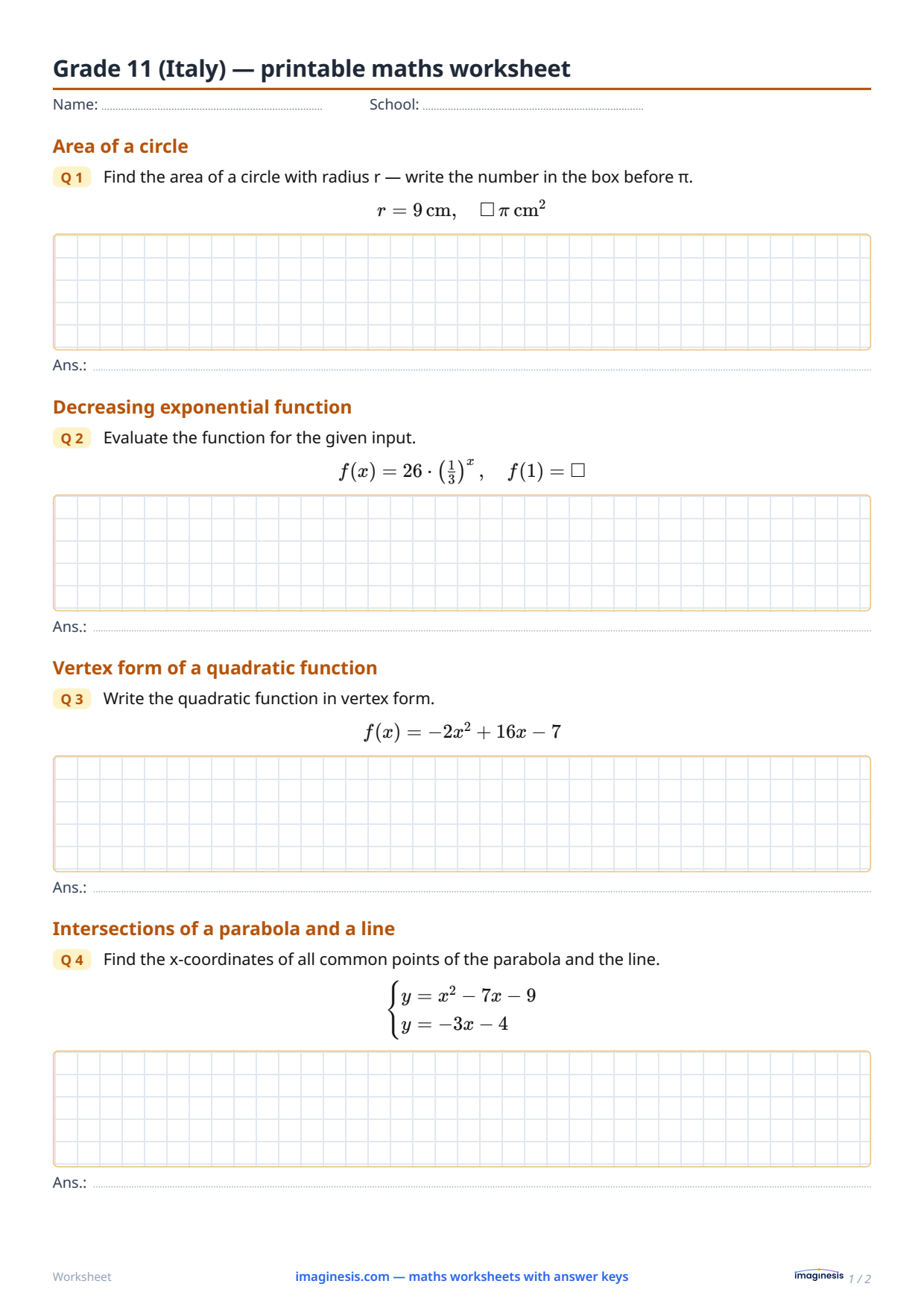 Grade 11 (Italy) — printable maths worksheet — Student sheet: printable maths worksheet (Grade 11, Italy)