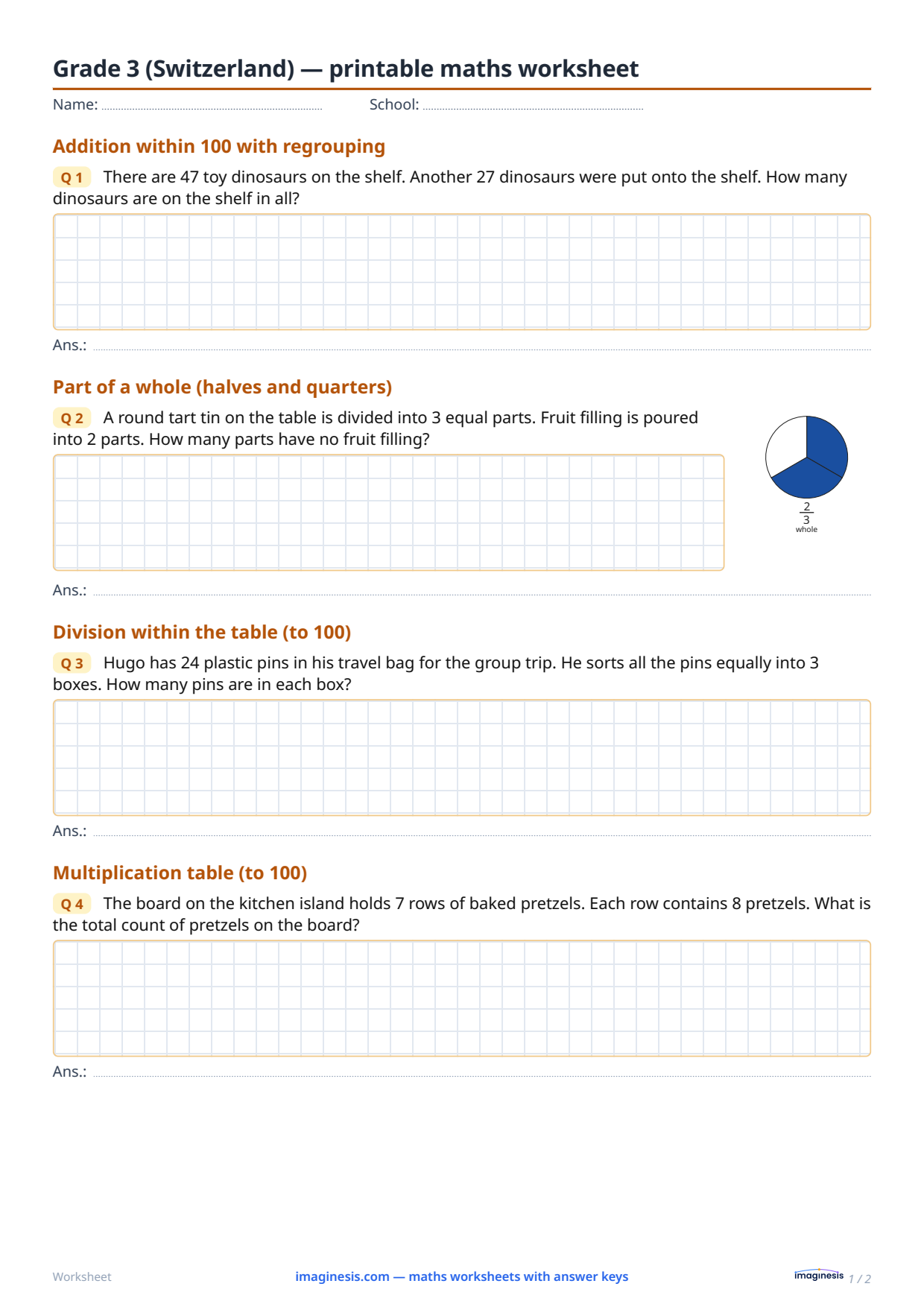 Grade 3 (Switzerland) — printable maths worksheet — Student sheet: printable maths worksheet (Grade 3, Switzerland)