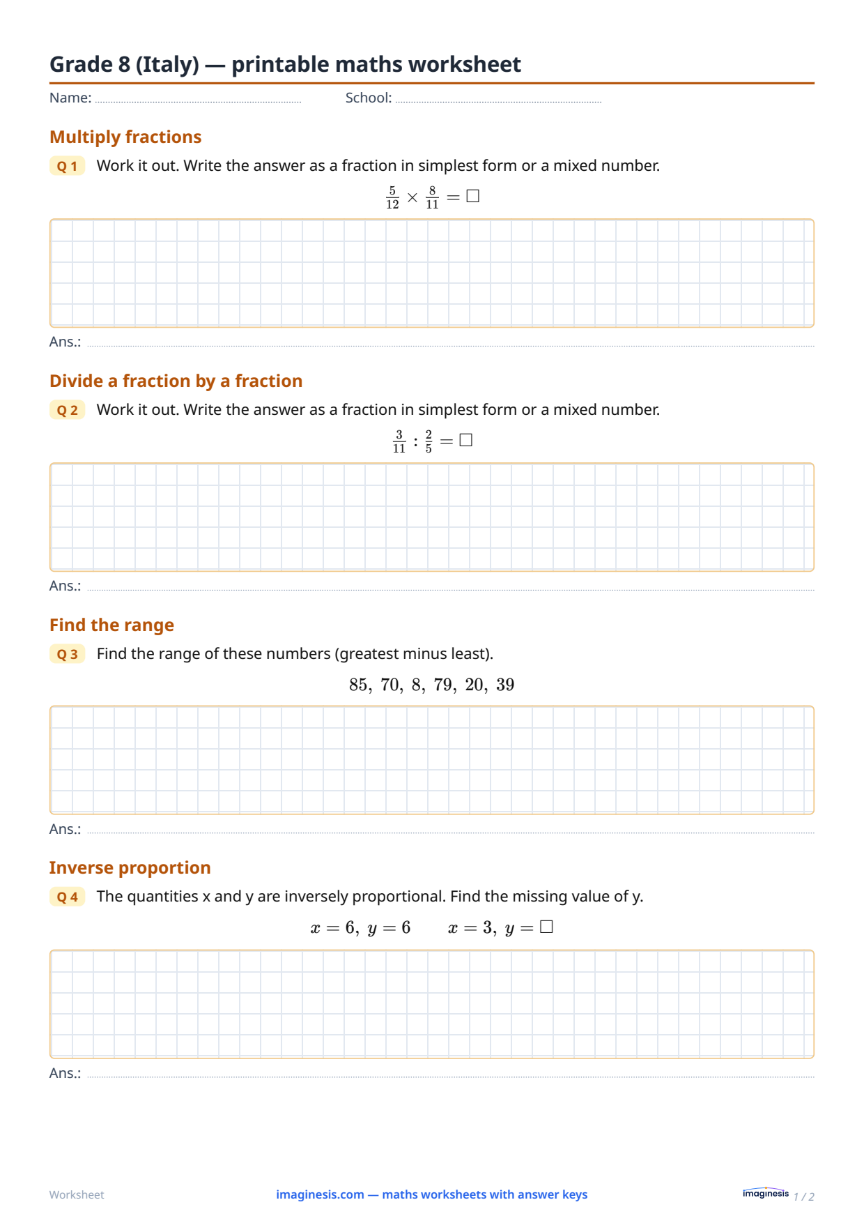 Grade 8 (Italy) — printable maths worksheet — Student sheet: printable maths worksheet (Grade 8, Italy)
