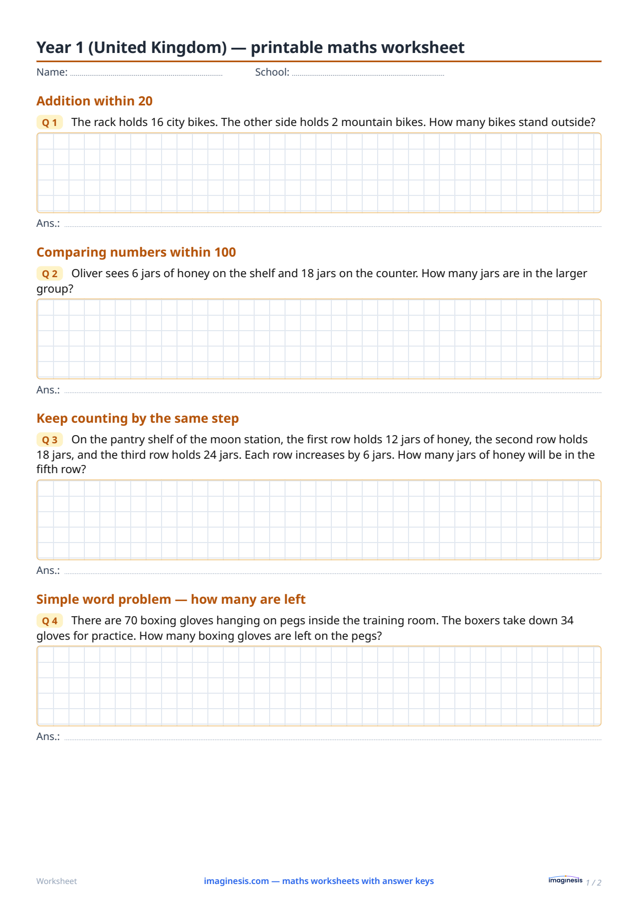 Year 1 (United Kingdom) — printable maths worksheet — Student sheet: printable maths worksheet (Year 1, United Kingdom)