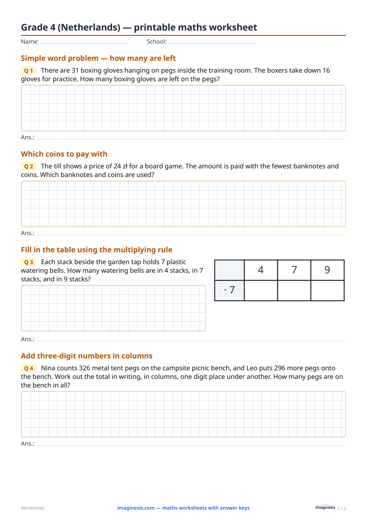 Grade 4 (Netherlands) — printable maths worksheet — Student sheet: printable maths worksheet (Grade 4, Netherlands)
