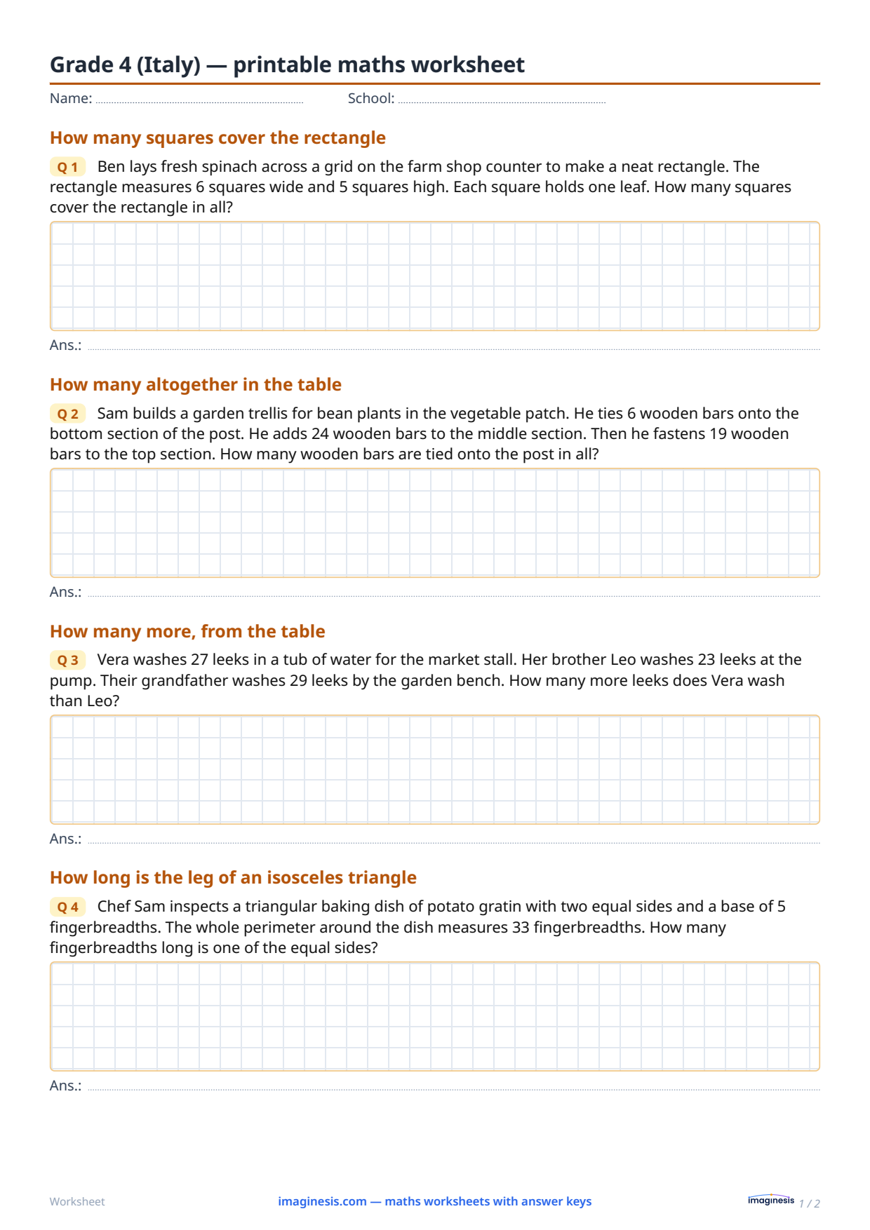 Grade 4 (Italy) — printable maths worksheet — Student sheet: printable maths worksheet (Grade 4, Italy)