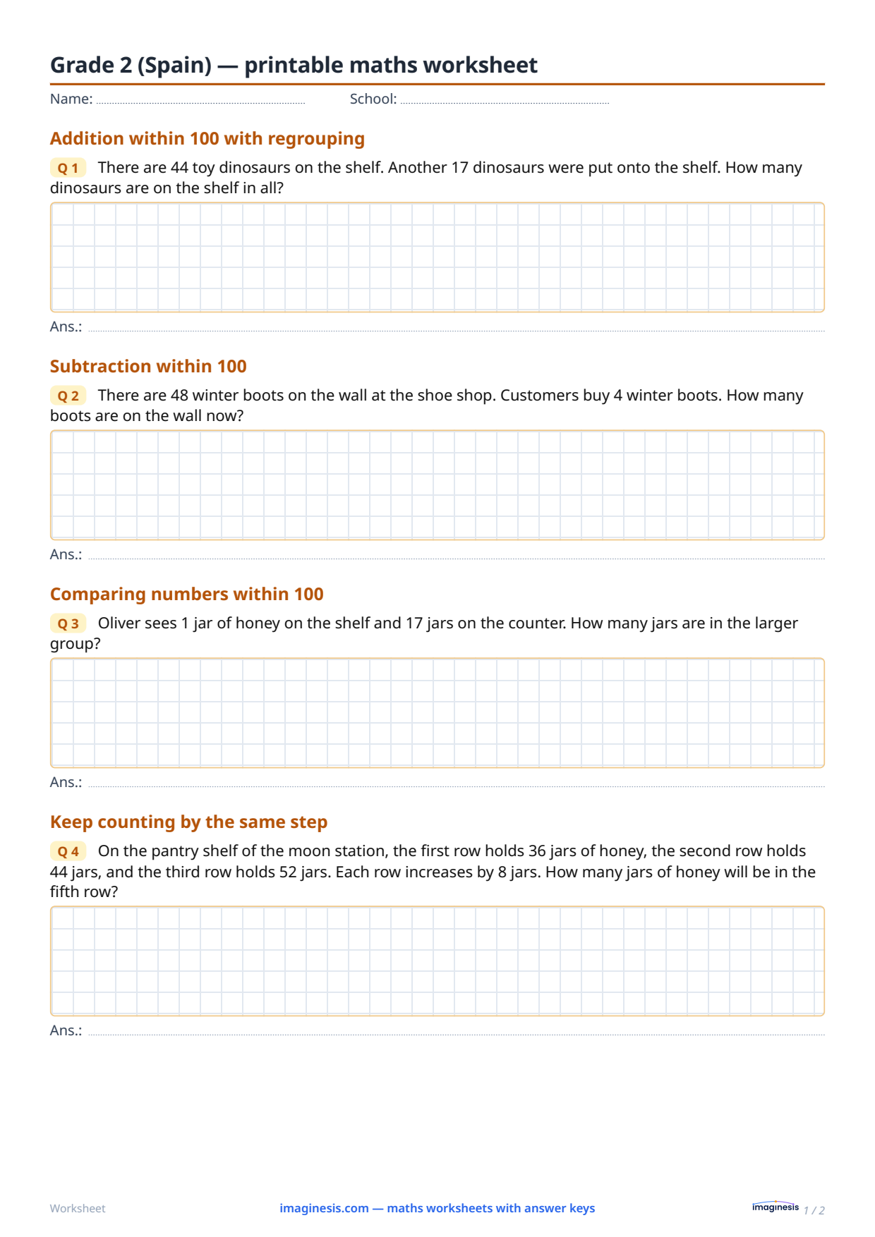 Grade 2 (Spain) — printable maths worksheet — Student sheet: printable maths worksheet (Grade 2, Spain)