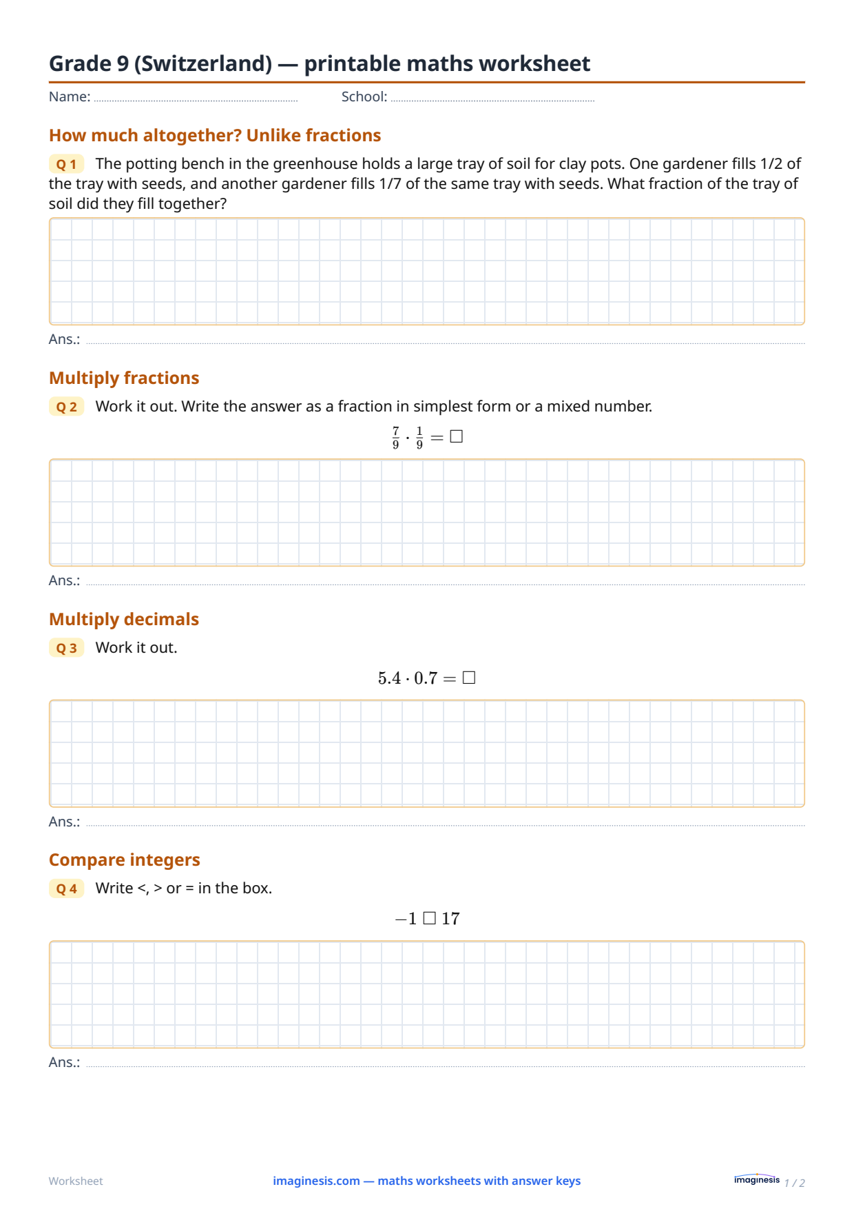 Grade 9 (Switzerland) — printable maths worksheet — Student sheet: printable maths worksheet (Grade 9, Switzerland)