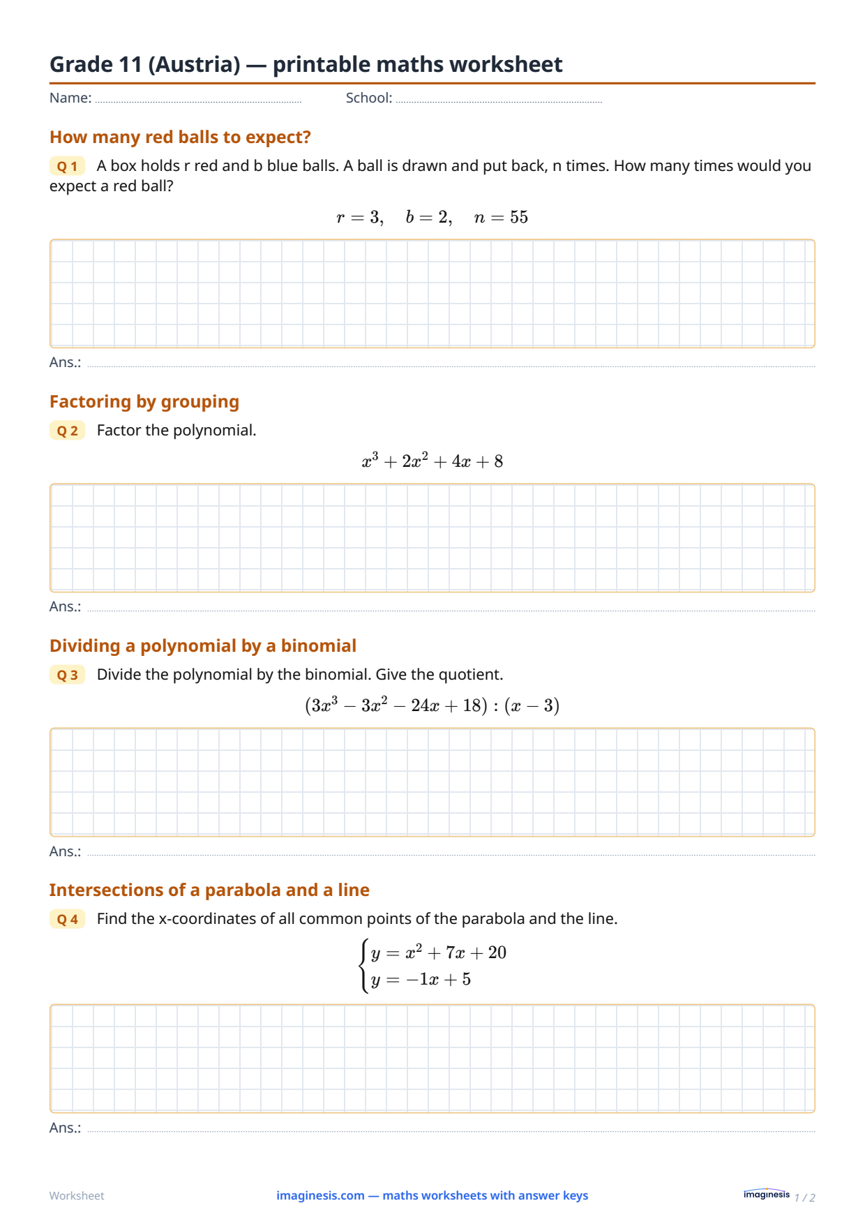 Grade 11 (Austria) — printable maths worksheet — Student sheet: printable maths worksheet (Grade 11, Austria)