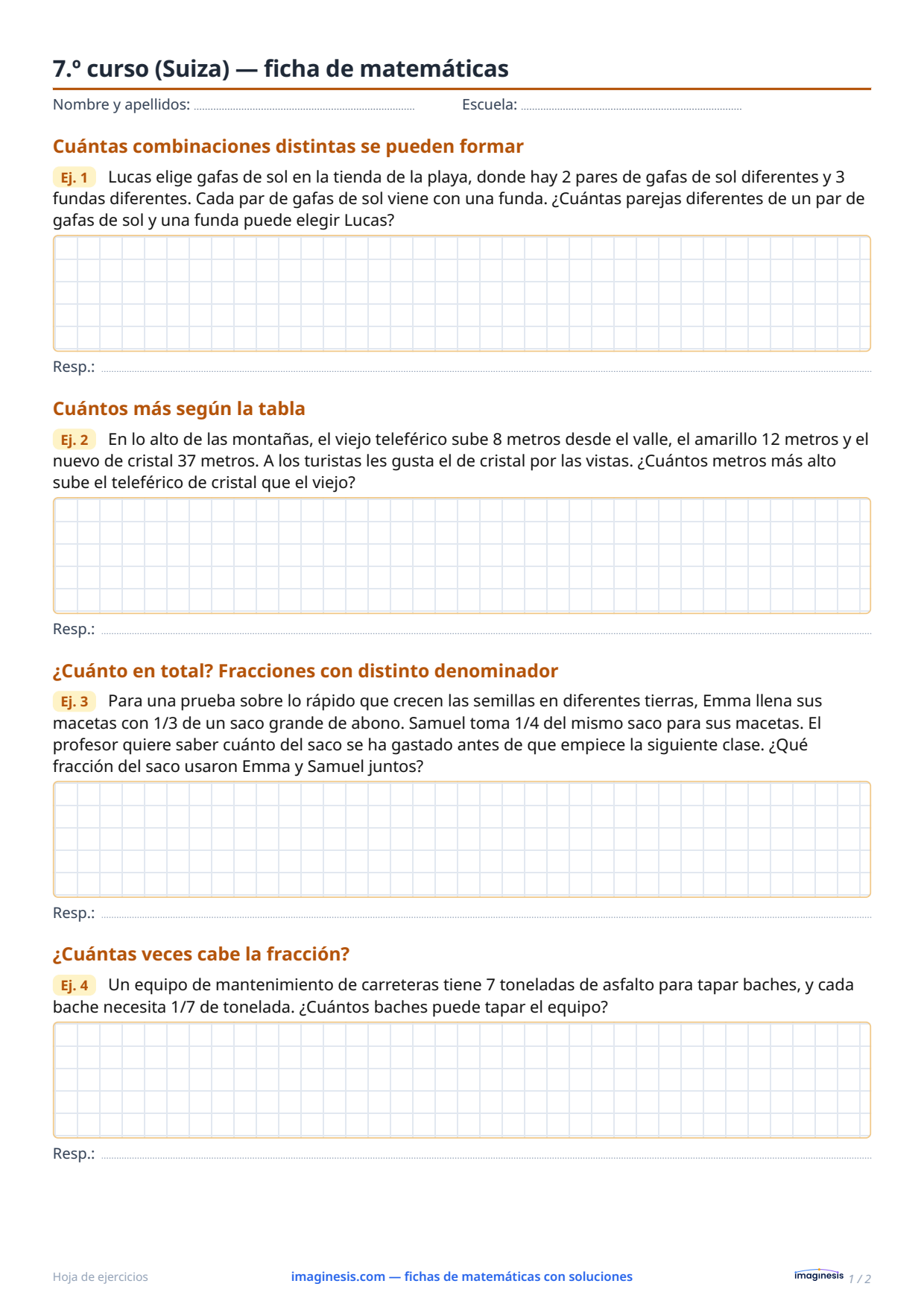7.º curso (Suiza) — ficha de matemáticas — Ficha del alumno: ficha de matemáticas para imprimir (7.º curso, Suiza)
