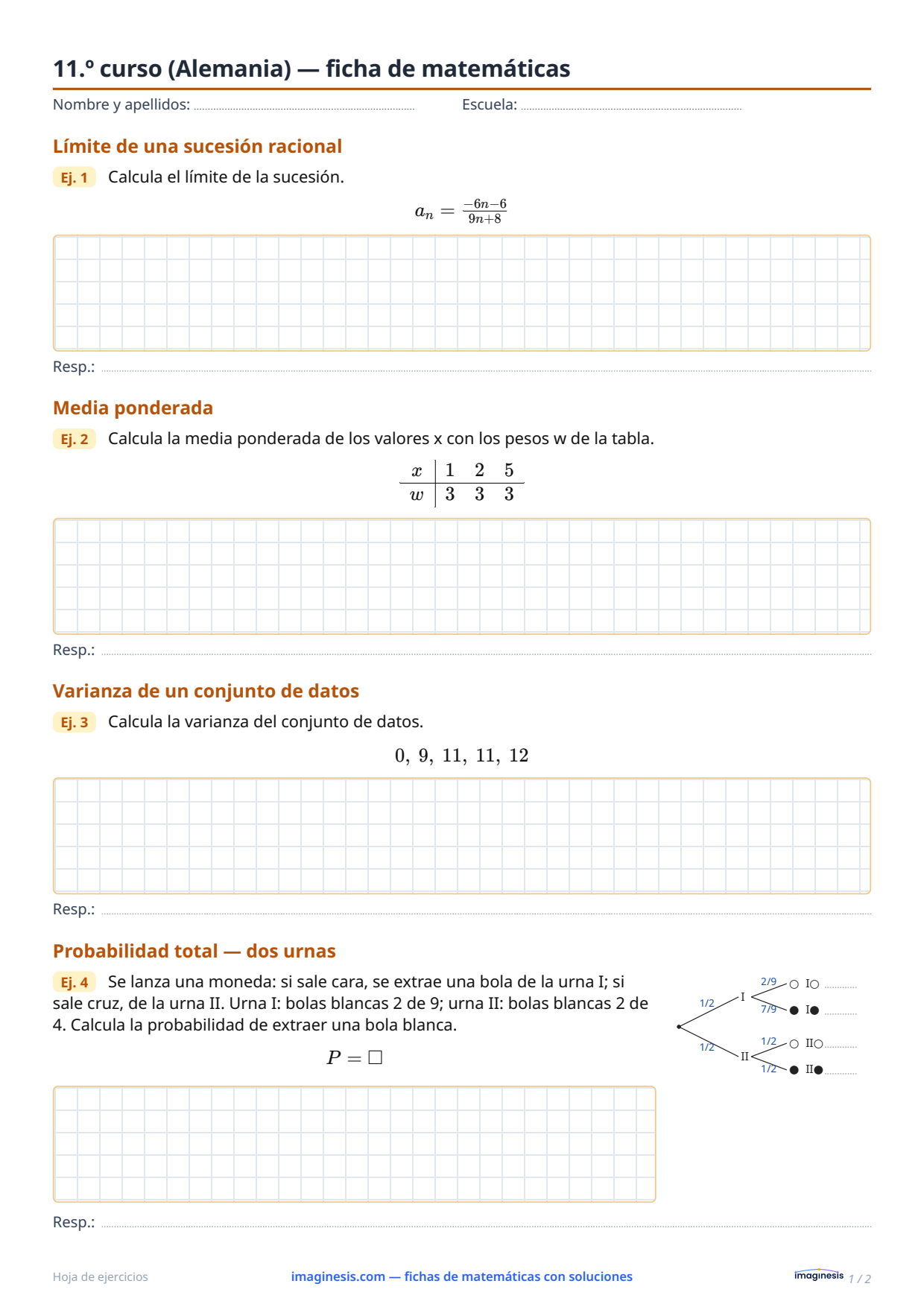 11.º curso (Alemania) — ficha de matemáticas — Ficha del alumno: ficha de matemáticas para imprimir (11.º curso, Alemania)