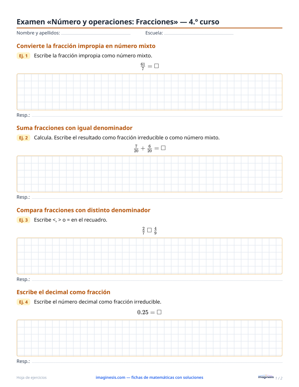 Examen «Número y operaciones: Fracciones» — 4.º curso — Ficha del alumno: ficha de matemáticas para imprimir (4.º curso, Estados Unidos)