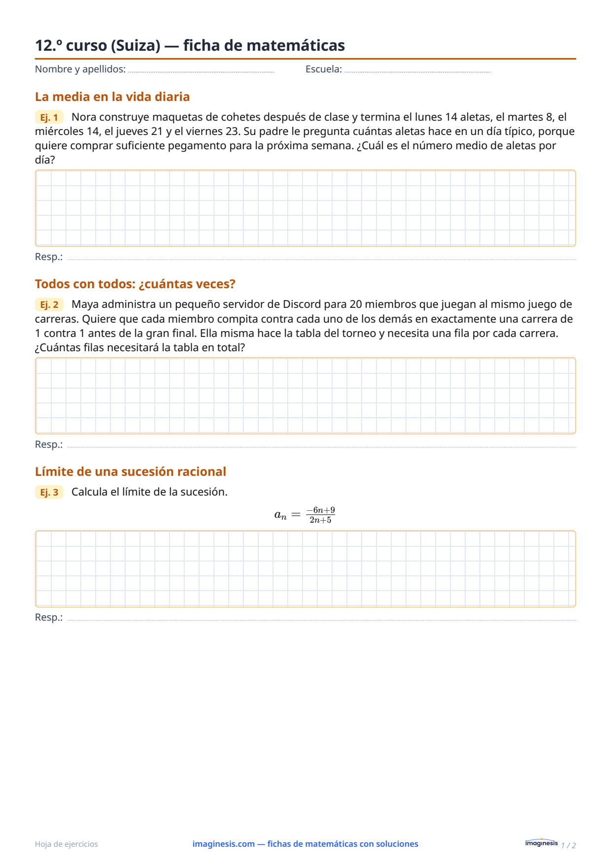12.º curso (Suiza) — ficha de matemáticas — Ficha del alumno: ficha de matemáticas para imprimir (12.º curso, Suiza)
