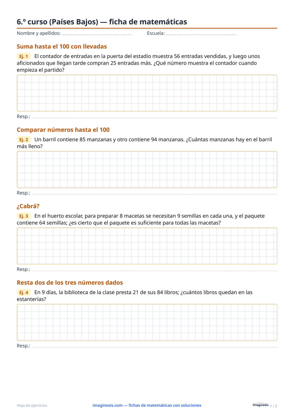 6.º curso (Países Bajos) — ficha de matemáticas — Ficha del alumno: ficha de matemáticas para imprimir (6.º curso, Países Bajos)