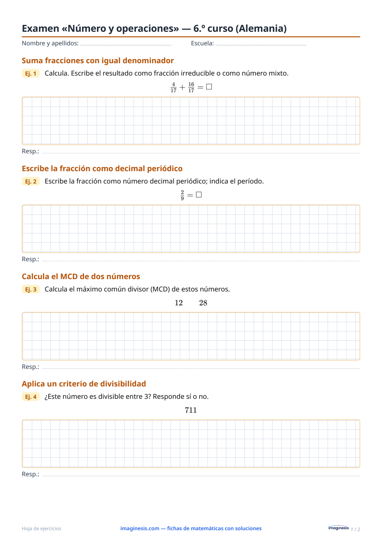 Examen «Número y operaciones» — 6.º curso (Alemania) — Ficha del alumno: ficha de matemáticas para imprimir (6.º curso, Alemania)