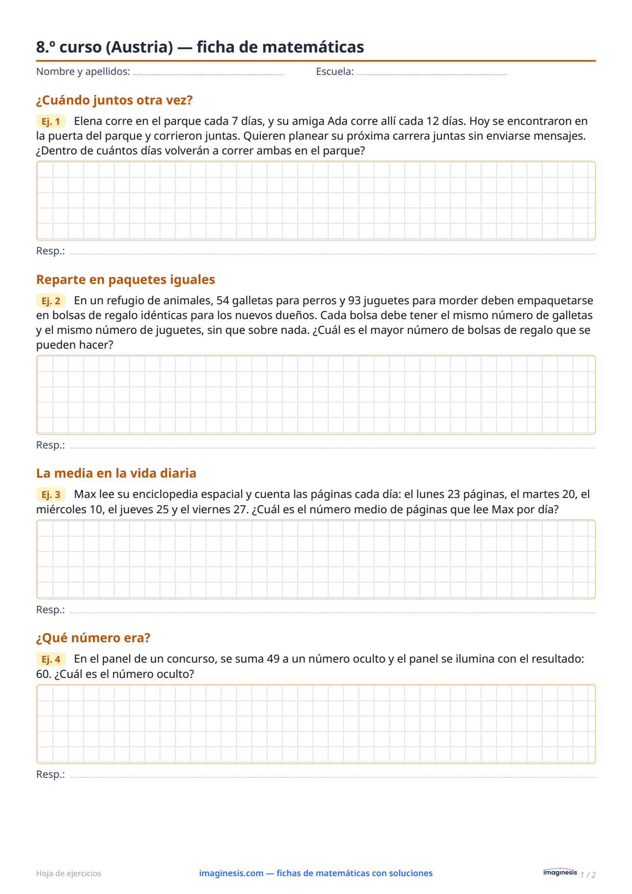 8.º curso (Austria) — ficha de matemáticas — Ficha del alumno: ficha de matemáticas para imprimir (8.º curso, Austria)