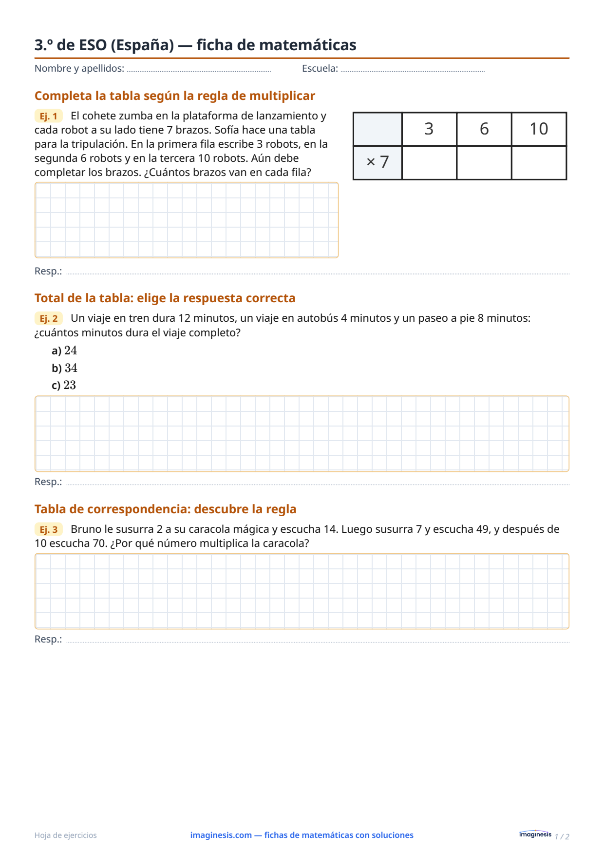 3.º de ESO (España) — ficha de matemáticas — Ficha del alumno: ficha de matemáticas para imprimir (3.º de ESO, España)