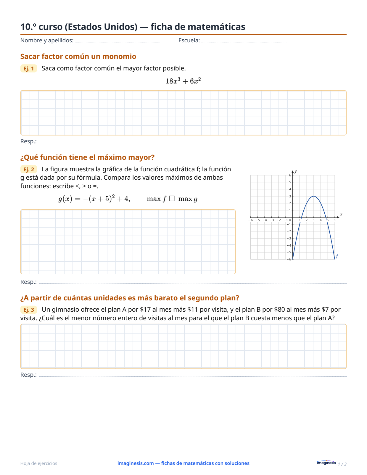 10.º curso (Estados Unidos) — ficha de matemáticas — Ficha del alumno: ficha de matemáticas para imprimir (10.º curso, Estados Unidos)