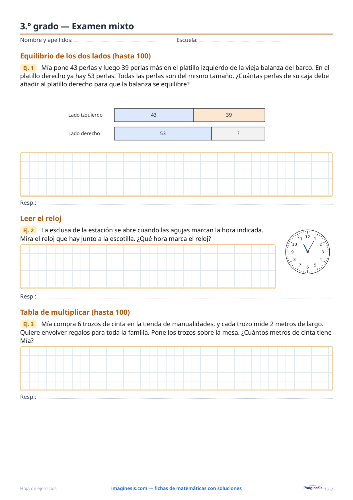 3.º grado — Examen mixto — Ficha del alumno: ficha de matemáticas para imprimir (3.º curso, Alemania)