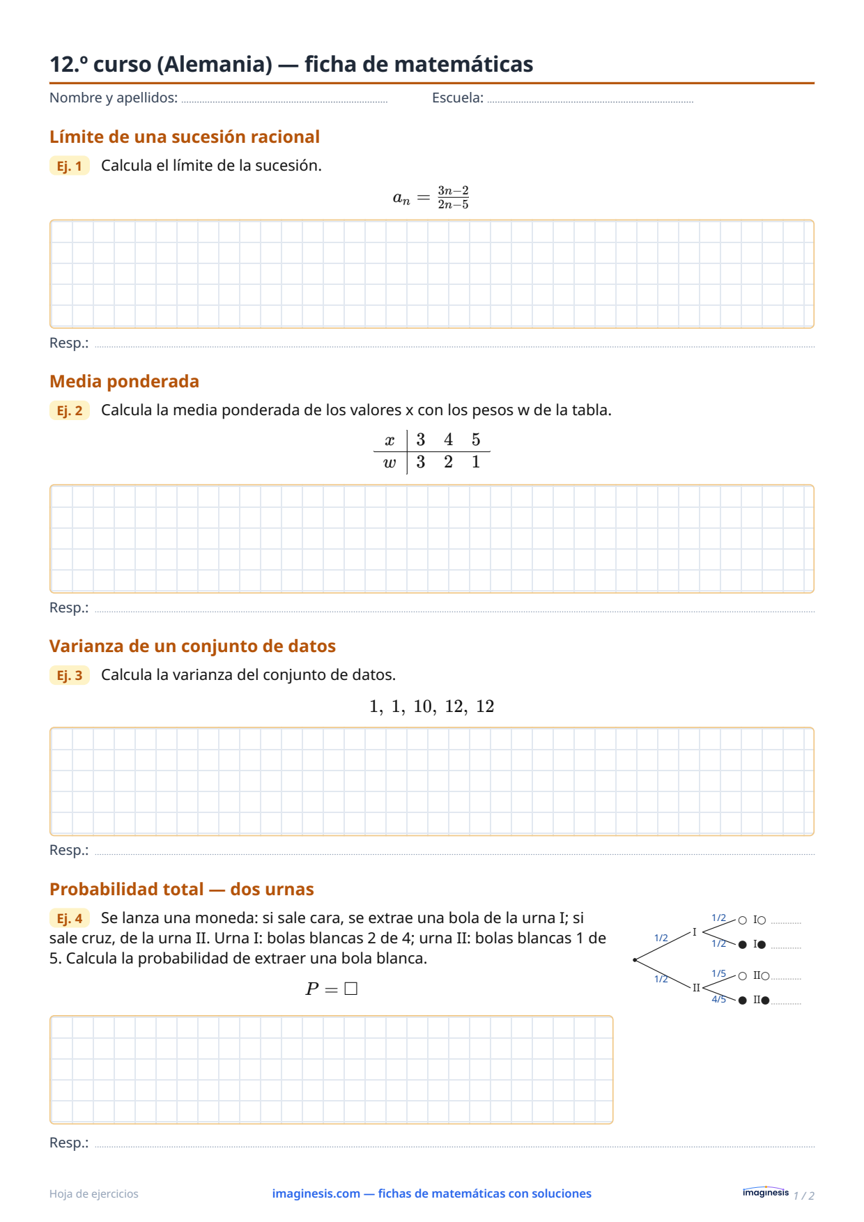 12.º curso (Alemania) — ficha de matemáticas — Ficha del alumno: ficha de matemáticas para imprimir (12.º curso, Alemania)