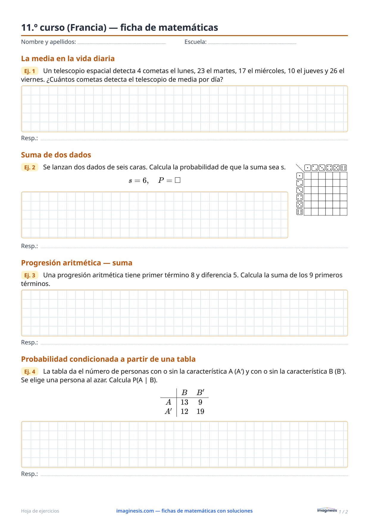 11.º curso (Francia) — ficha de matemáticas — Ficha del alumno: ficha de matemáticas para imprimir (11.º curso, Francia)