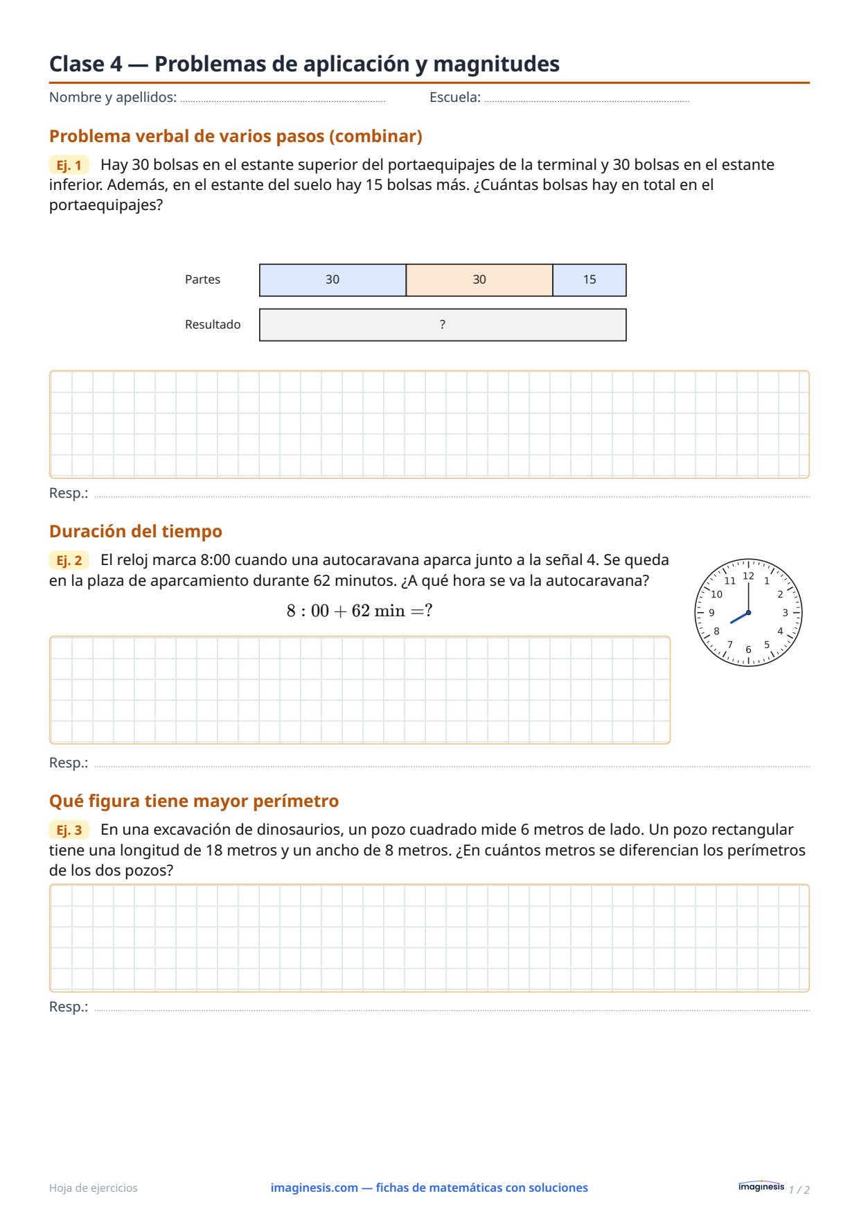 Clase 4 — Problemas de aplicación y magnitudes — Ficha del alumno: ficha de matemáticas para imprimir (4.º curso, Alemania)