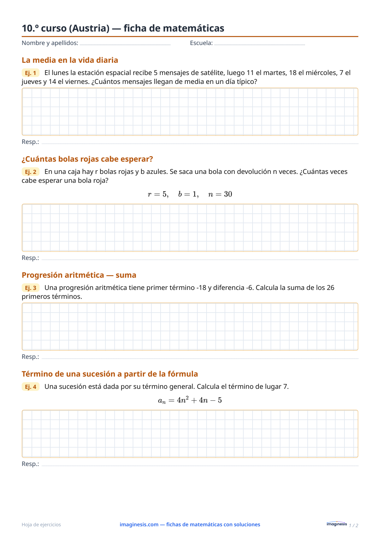 10.º curso (Austria) — ficha de matemáticas — Ficha del alumno: ficha de matemáticas para imprimir (10.º curso, Austria)