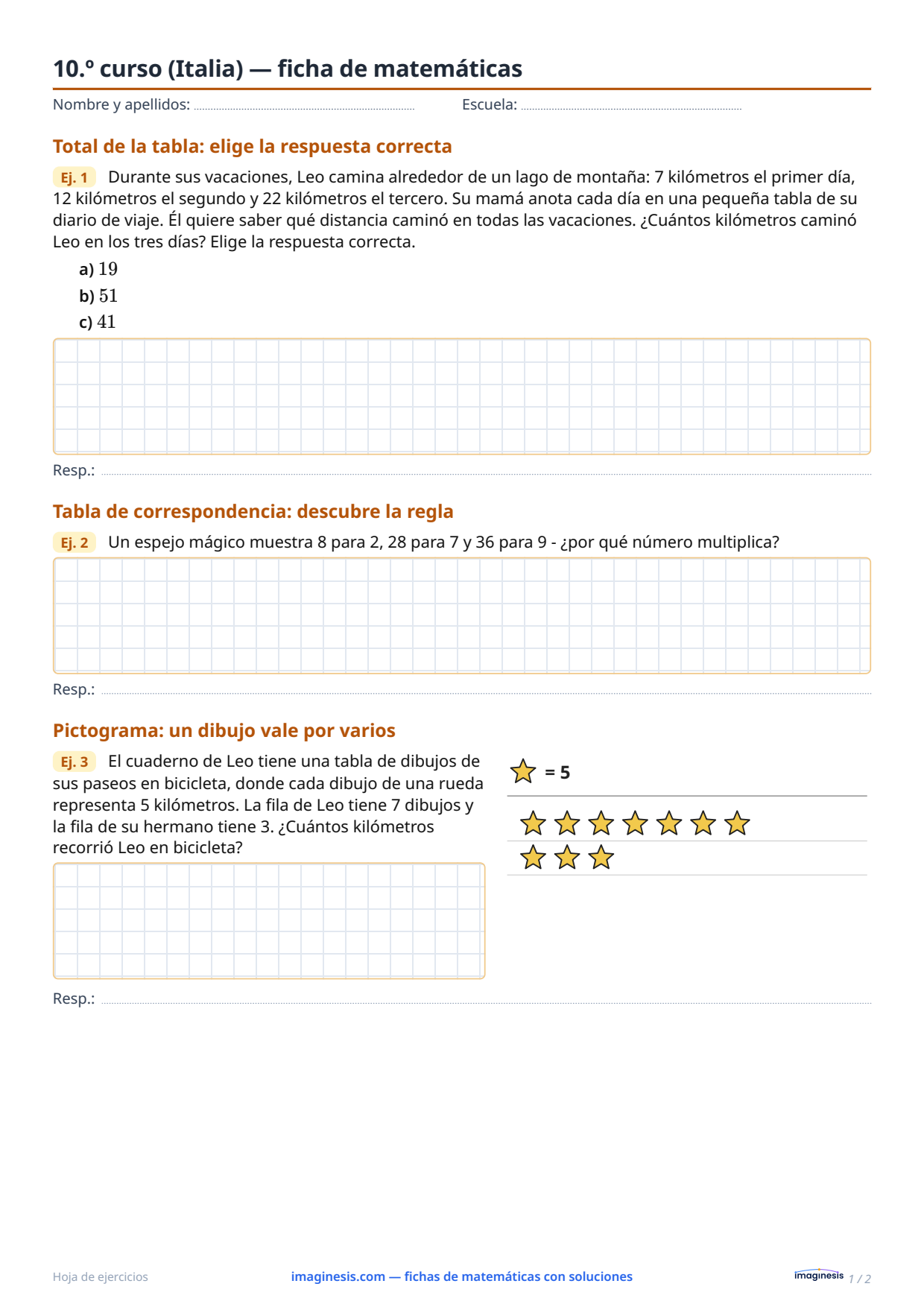 10.º curso (Italia) — ficha de matemáticas — Ficha del alumno: ficha de matemáticas para imprimir (10.º curso, Italia)