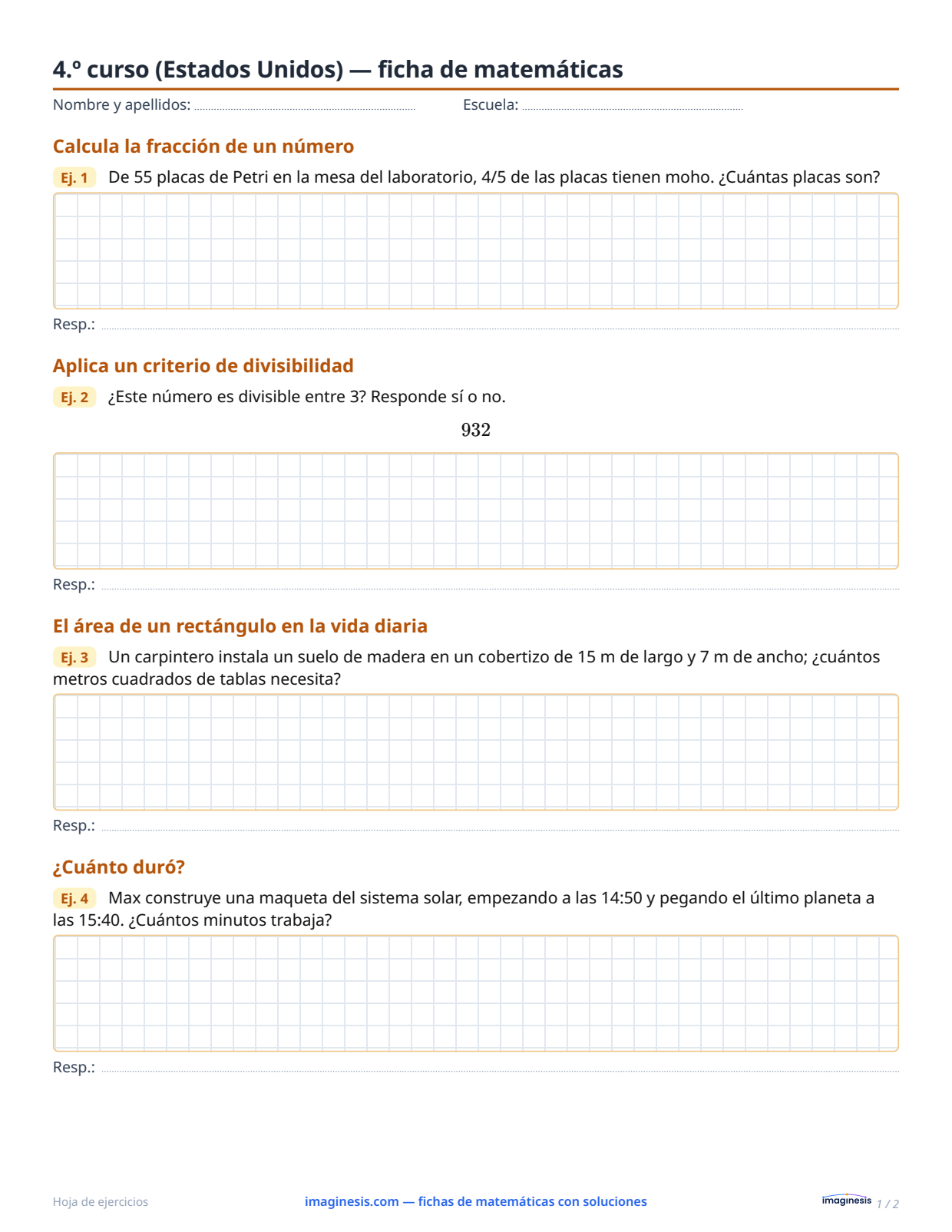 4.º curso (Estados Unidos) — ficha de matemáticas — Ficha del alumno: ficha de matemáticas para imprimir (4.º curso, Estados Unidos)