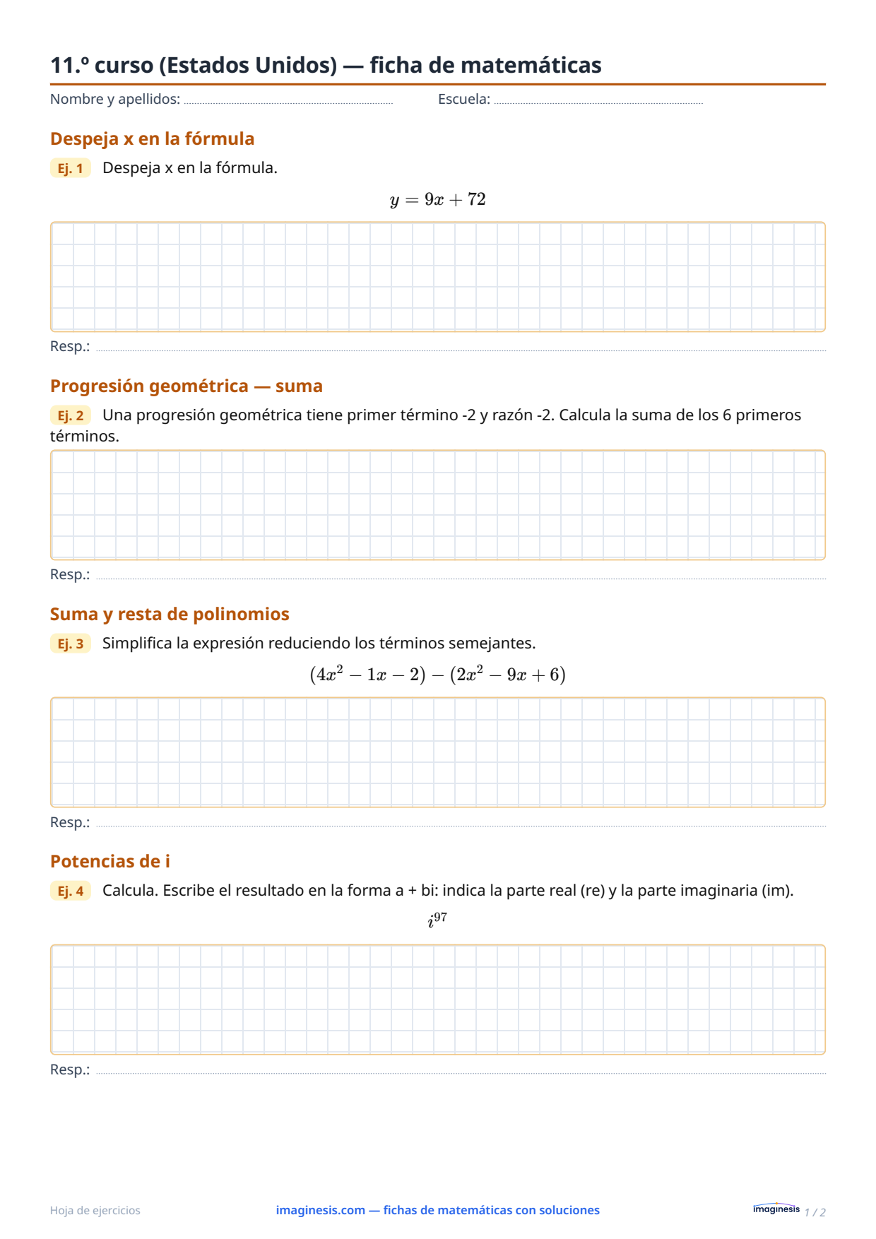 11.º curso (Estados Unidos) — ficha de matemáticas — Ficha del alumno: ficha de matemáticas para imprimir (11.º curso, Estados Unidos)
