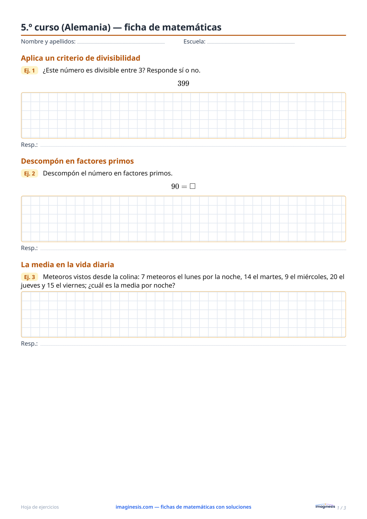 5.º curso (Alemania) — ficha de matemáticas — Ficha del alumno: ficha de matemáticas para imprimir (5.º curso, Alemania)