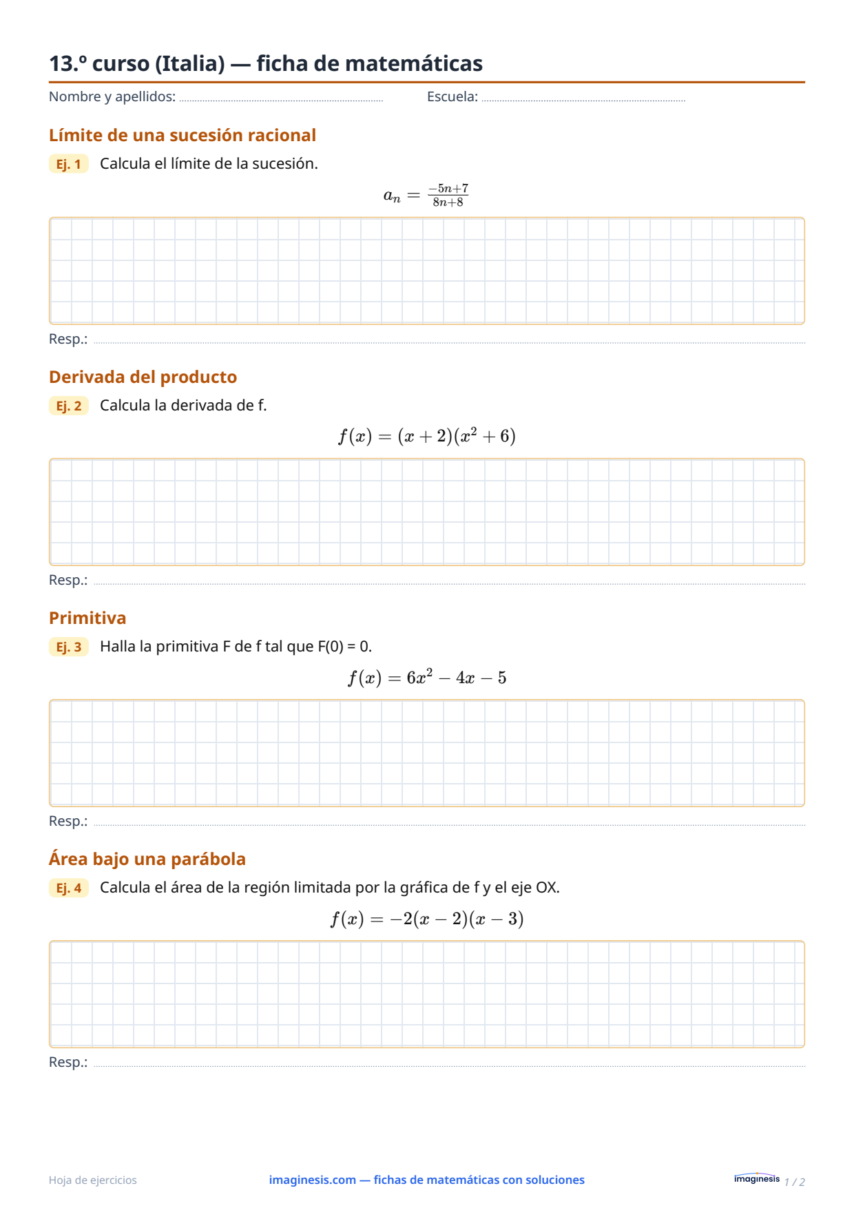 13.º curso (Italia) — ficha de matemáticas — Ficha del alumno: ficha de matemáticas para imprimir (13.º curso, Italia)