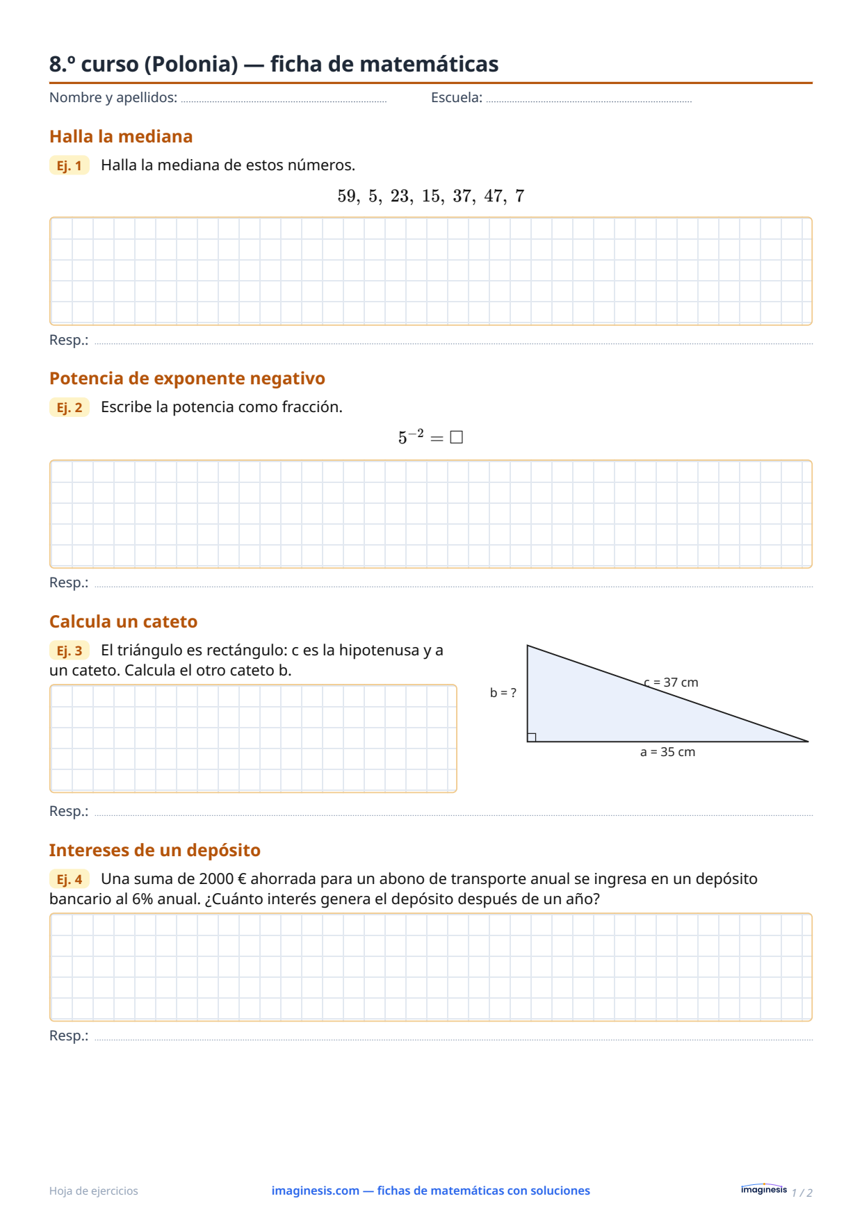 8.º curso (Polonia) — ficha de matemáticas — Ficha del alumno: ficha de matemáticas para imprimir (8.º curso, Polonia)