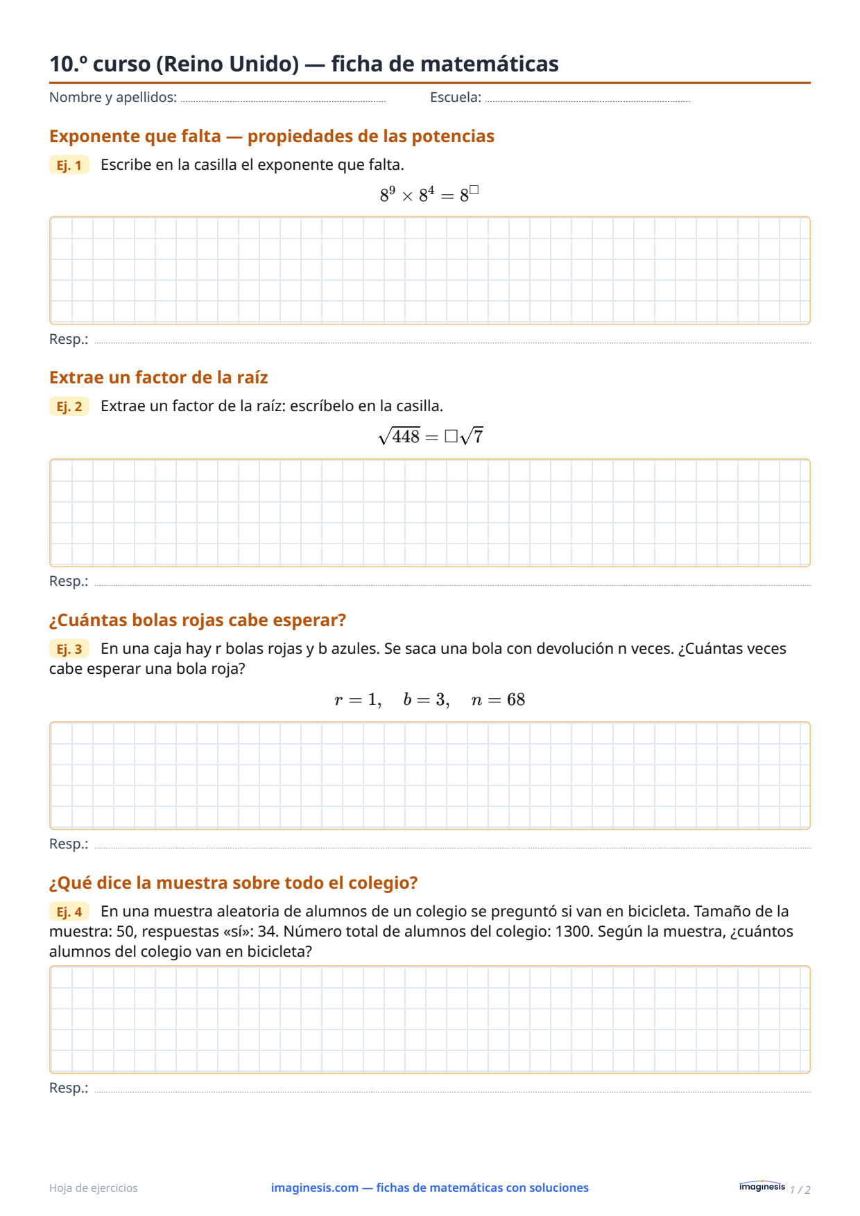 10.º curso (Reino Unido) — ficha de matemáticas — Ficha del alumno: ficha de matemáticas para imprimir (10.º curso, Reino Unido)