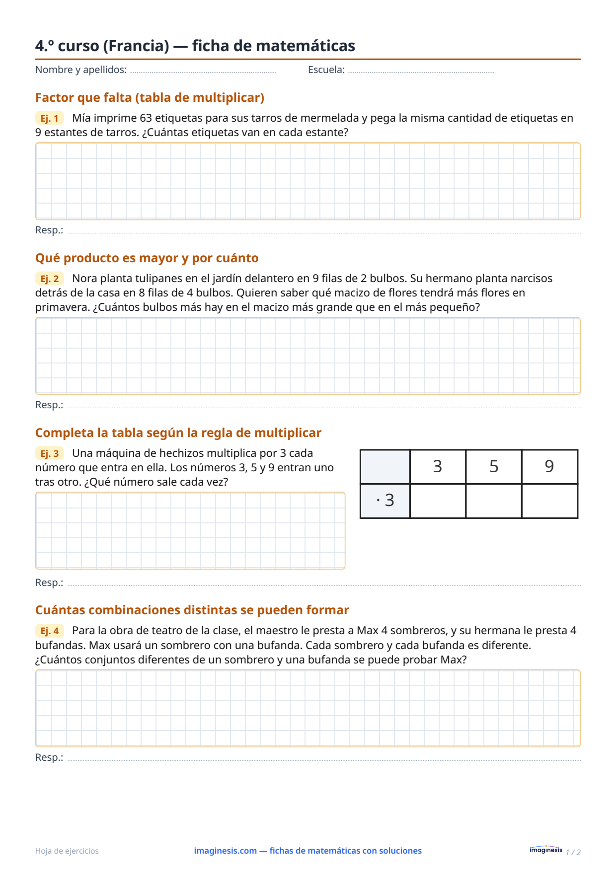 4.º curso (Francia) — ficha de matemáticas — Ficha del alumno: ficha de matemáticas para imprimir (4.º curso, Francia)
