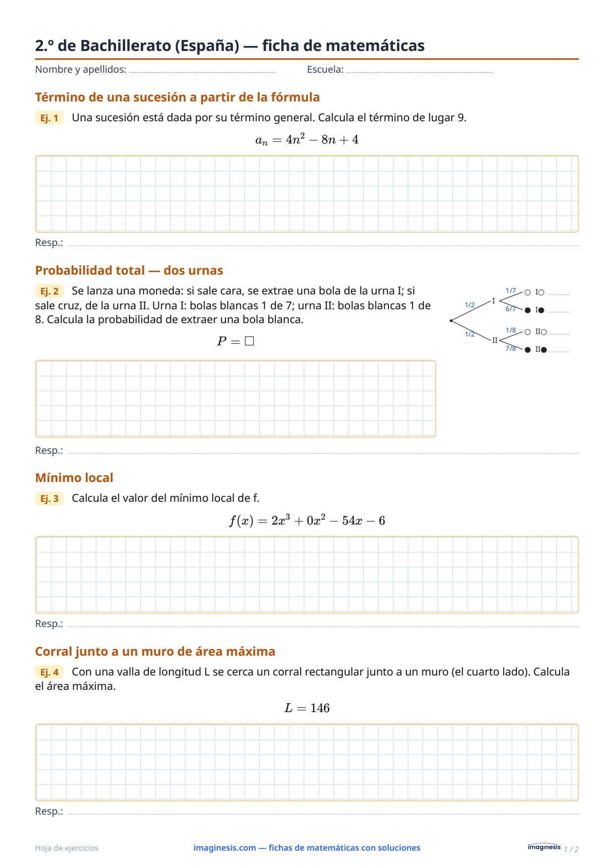 2.º de Bachillerato (España) — ficha de matemáticas — Ficha del alumno: ficha de matemáticas para imprimir (2.º de Bachillerato, España)