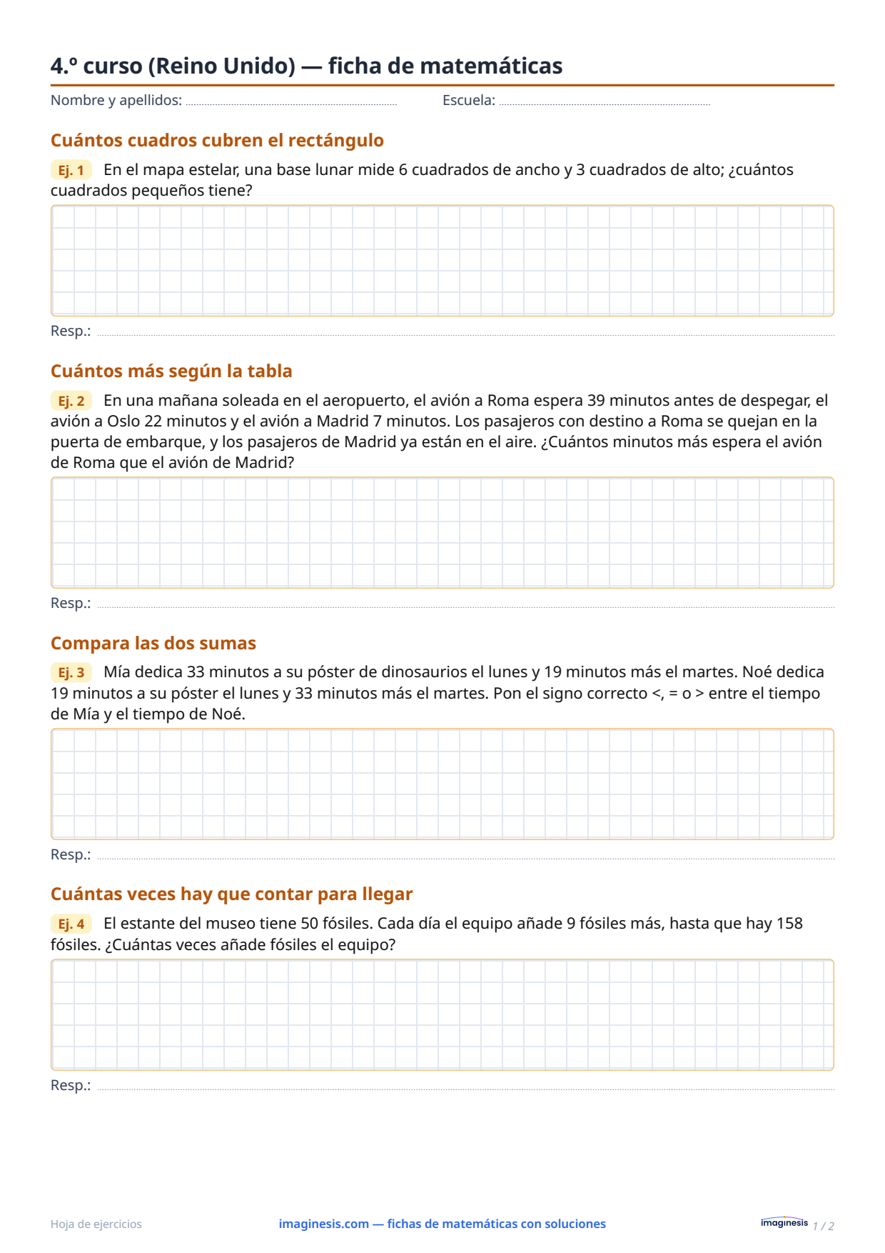 4.º curso (Reino Unido) — ficha de matemáticas — Ficha del alumno: ficha de matemáticas para imprimir (4.º curso, Reino Unido)