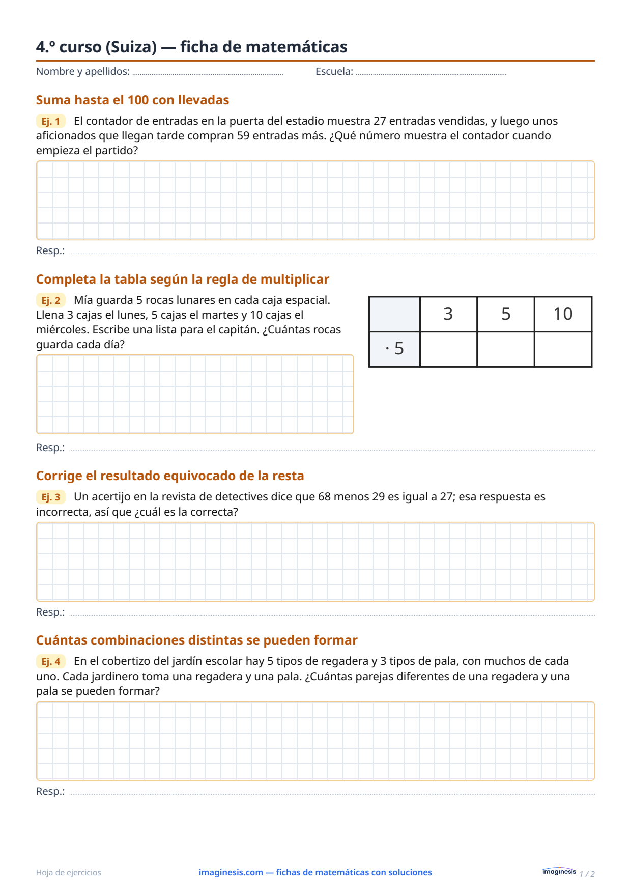 4.º curso (Suiza) — ficha de matemáticas — Ficha del alumno: ficha de matemáticas para imprimir (4.º curso, Suiza)