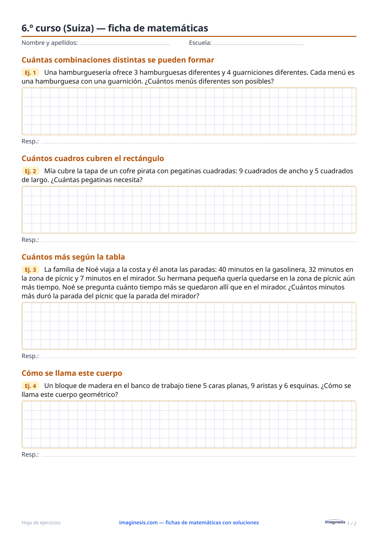 6.º curso (Suiza) — ficha de matemáticas — Ficha del alumno: ficha de matemáticas para imprimir (6.º curso, Suiza)