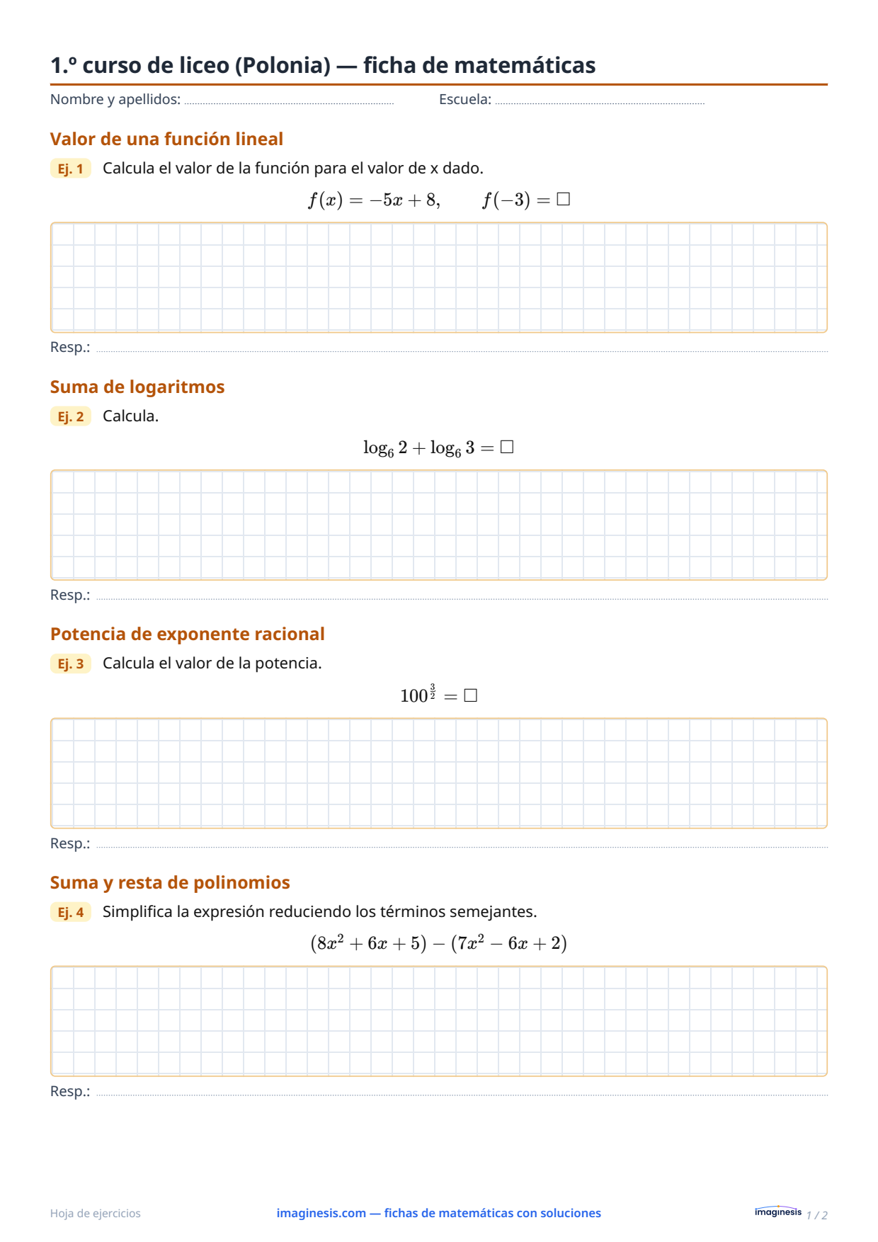 1.º curso de liceo (Polonia) — ficha de matemáticas — Ficha del alumno: ficha de matemáticas para imprimir (1.º curso de liceo, Polonia)