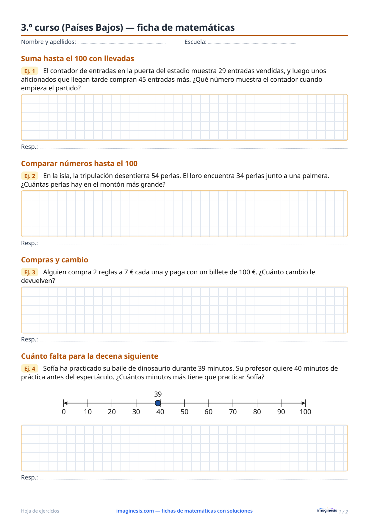 3.º curso (Países Bajos) — ficha de matemáticas — Ficha del alumno: ficha de matemáticas para imprimir (3.º curso, Países Bajos)
