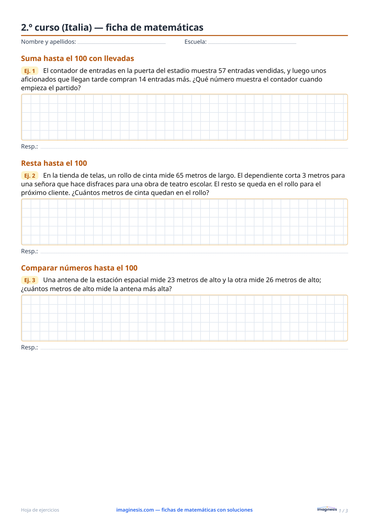 2.º curso (Italia) — ficha de matemáticas — Ficha del alumno: ficha de matemáticas para imprimir (2.º curso, Italia)