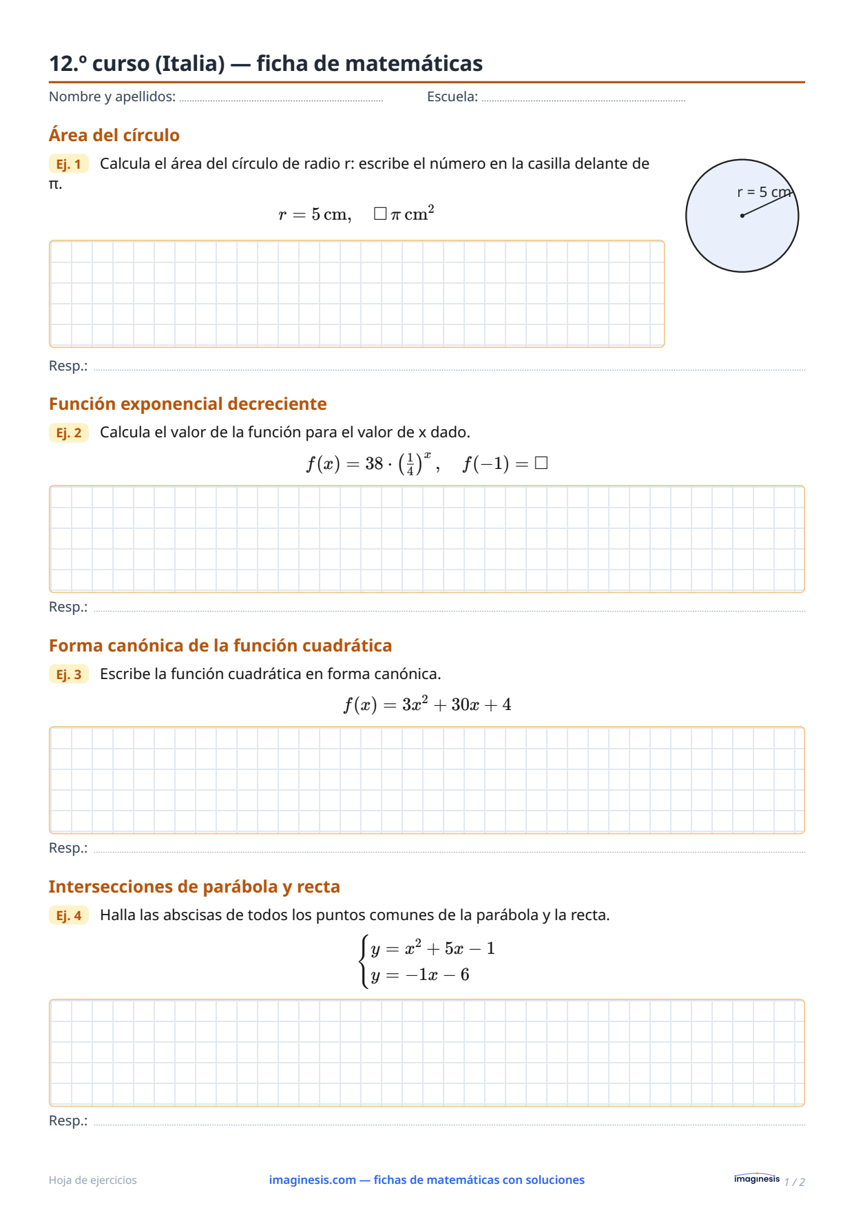 12.º curso (Italia) — ficha de matemáticas — Ficha del alumno: ficha de matemáticas para imprimir (12.º curso, Italia)