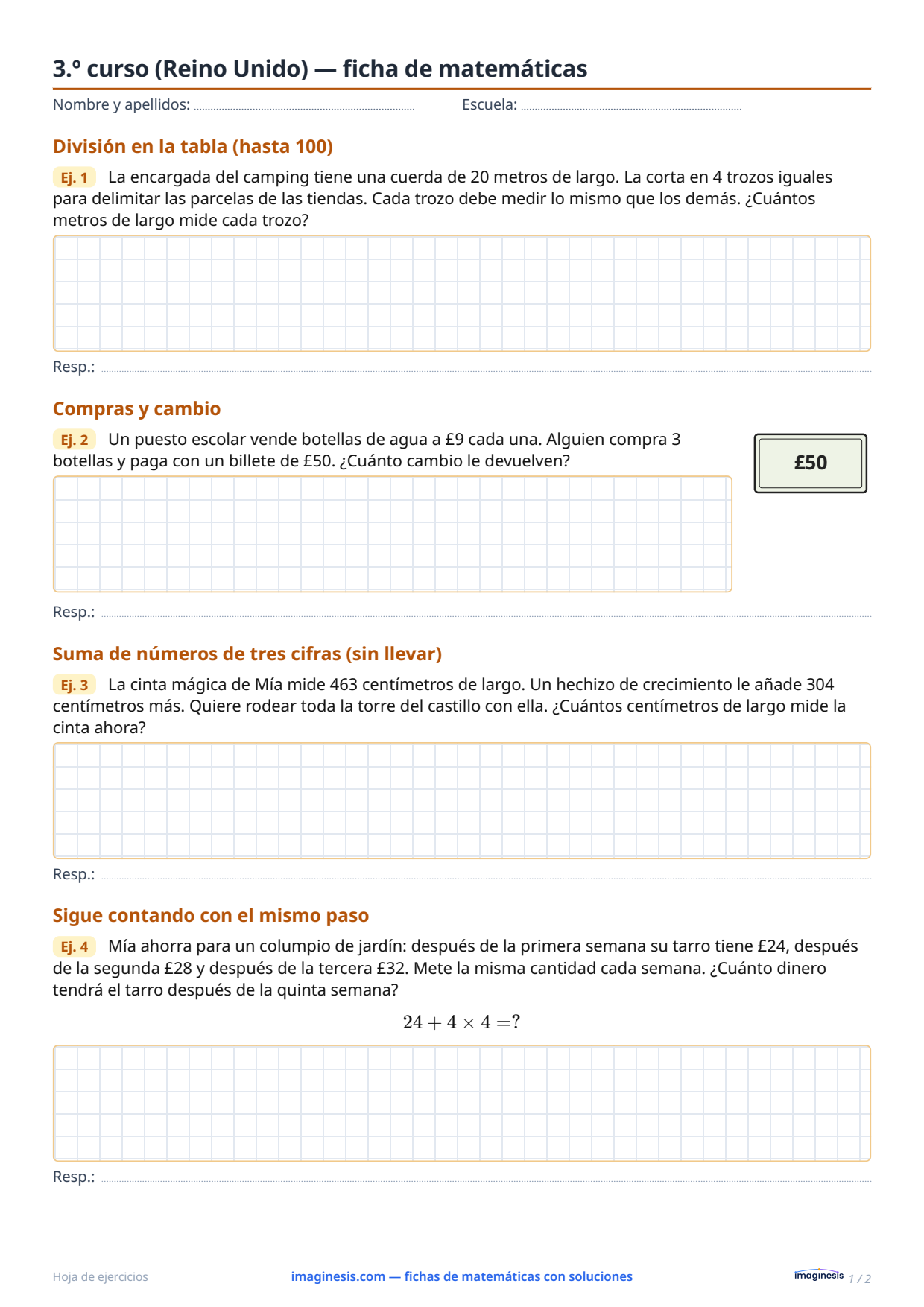 3.º curso (Reino Unido) — ficha de matemáticas — Ficha del alumno: ficha de matemáticas para imprimir (3.º curso, Reino Unido)