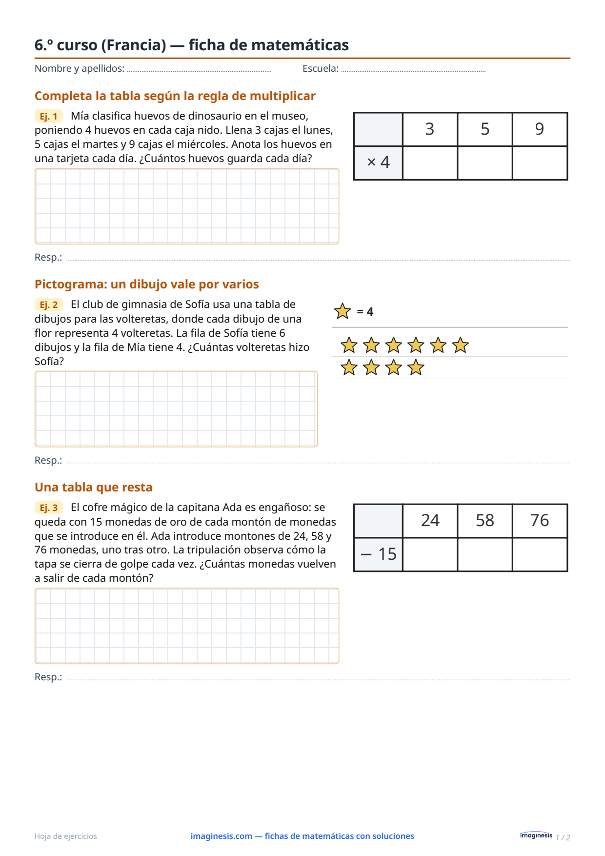 6.º curso (Francia) — ficha de matemáticas — Ficha del alumno: ficha de matemáticas para imprimir (6.º curso, Francia)