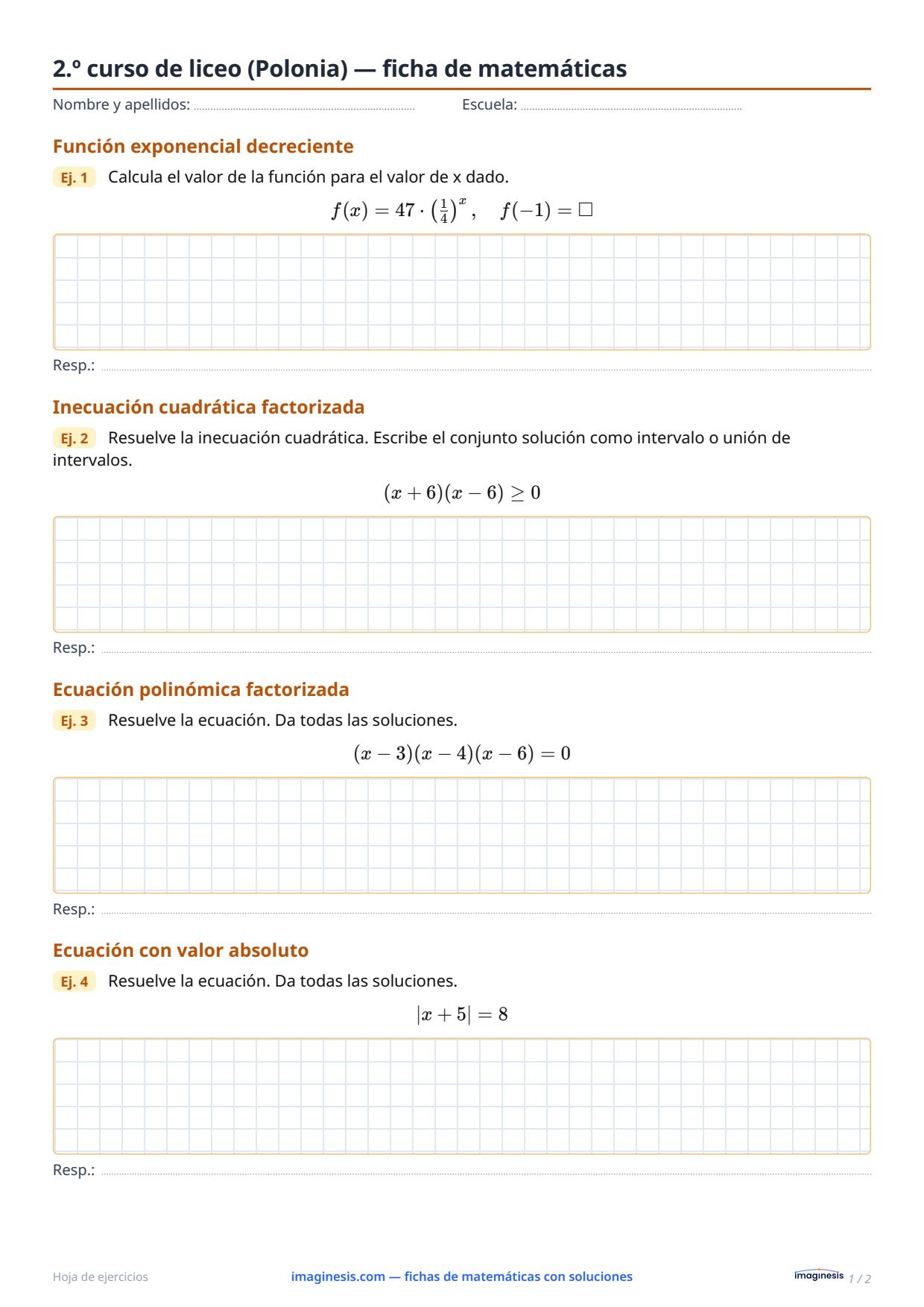 2.º curso de liceo (Polonia) — ficha de matemáticas — Ficha del alumno: ficha de matemáticas para imprimir (2.º curso de liceo, Polonia)