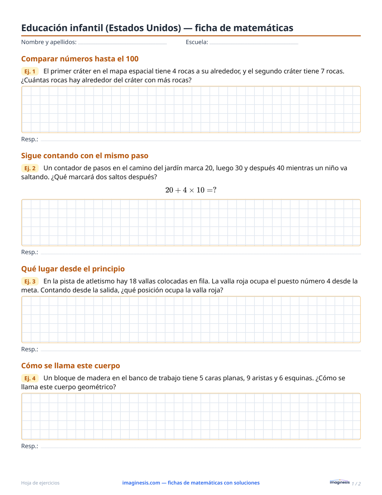 Educación infantil (Estados Unidos) — ficha de matemáticas — Ficha del alumno: ficha de matemáticas para imprimir (Educación infantil, Estados Unidos)