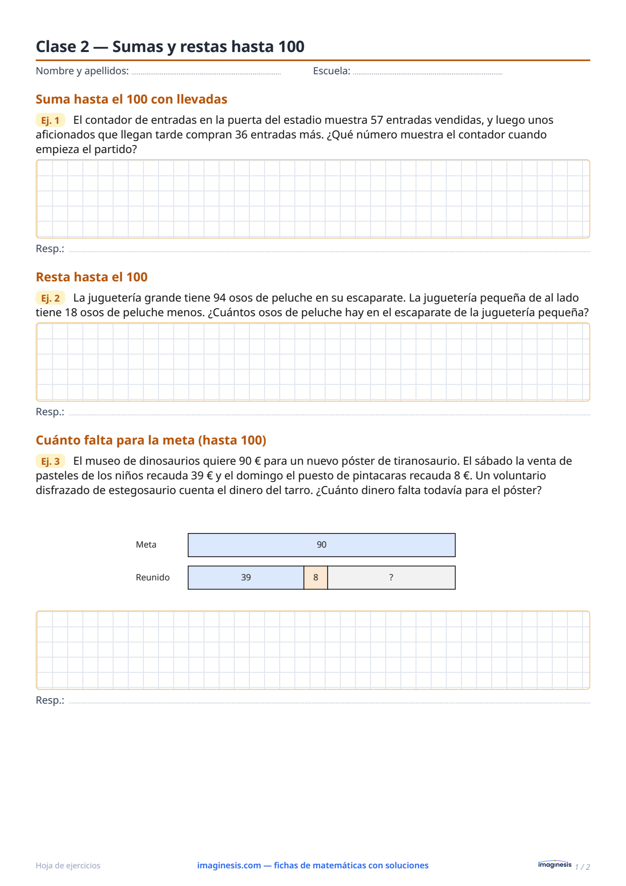 Clase 2 — Sumas y restas hasta 100 — Ficha del alumno: ficha de matemáticas para imprimir (2.º curso, Alemania)