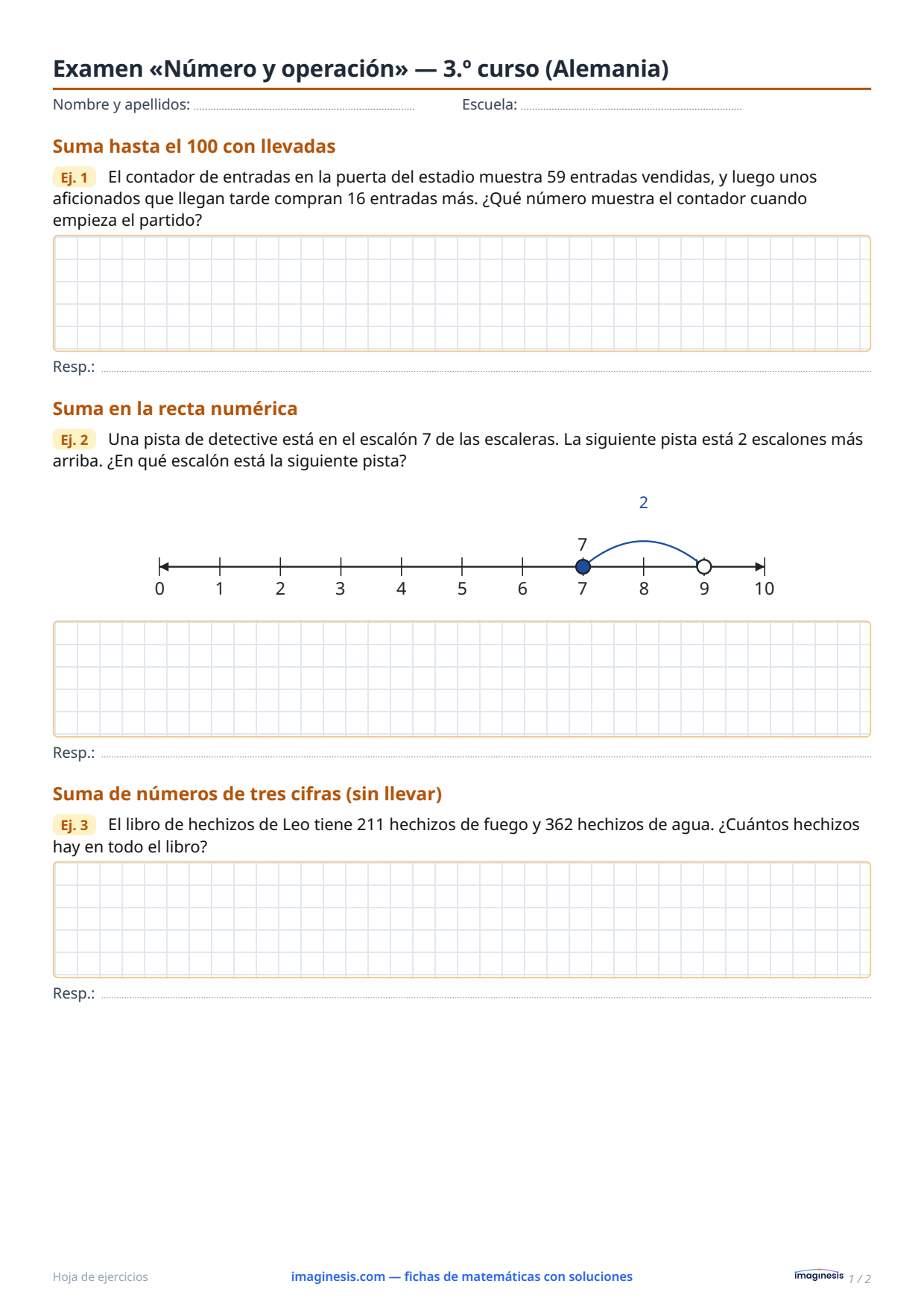 Examen «Número y operación» — 3.º curso (Alemania) — Ficha del alumno: ficha de matemáticas para imprimir (3.º curso, Alemania)