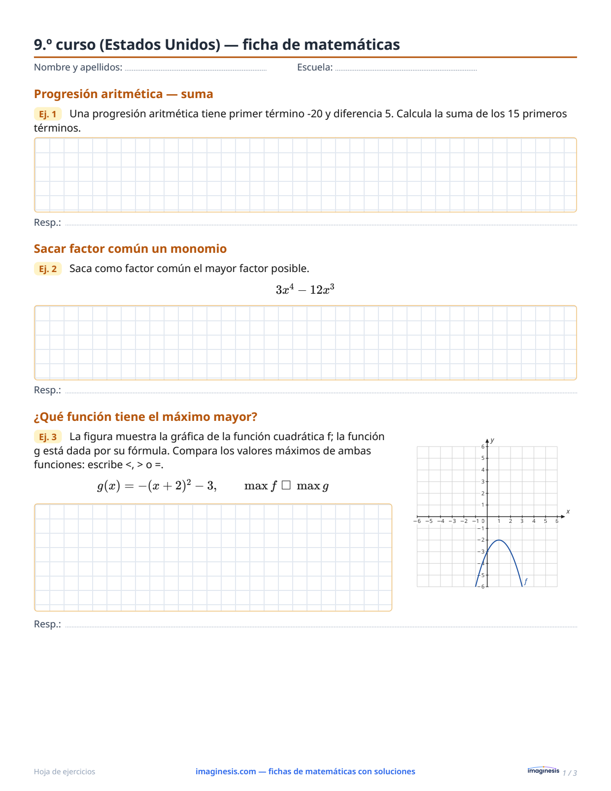 9.º curso (Estados Unidos) — ficha de matemáticas — Ficha del alumno: ficha de matemáticas para imprimir (9.º curso, Estados Unidos)