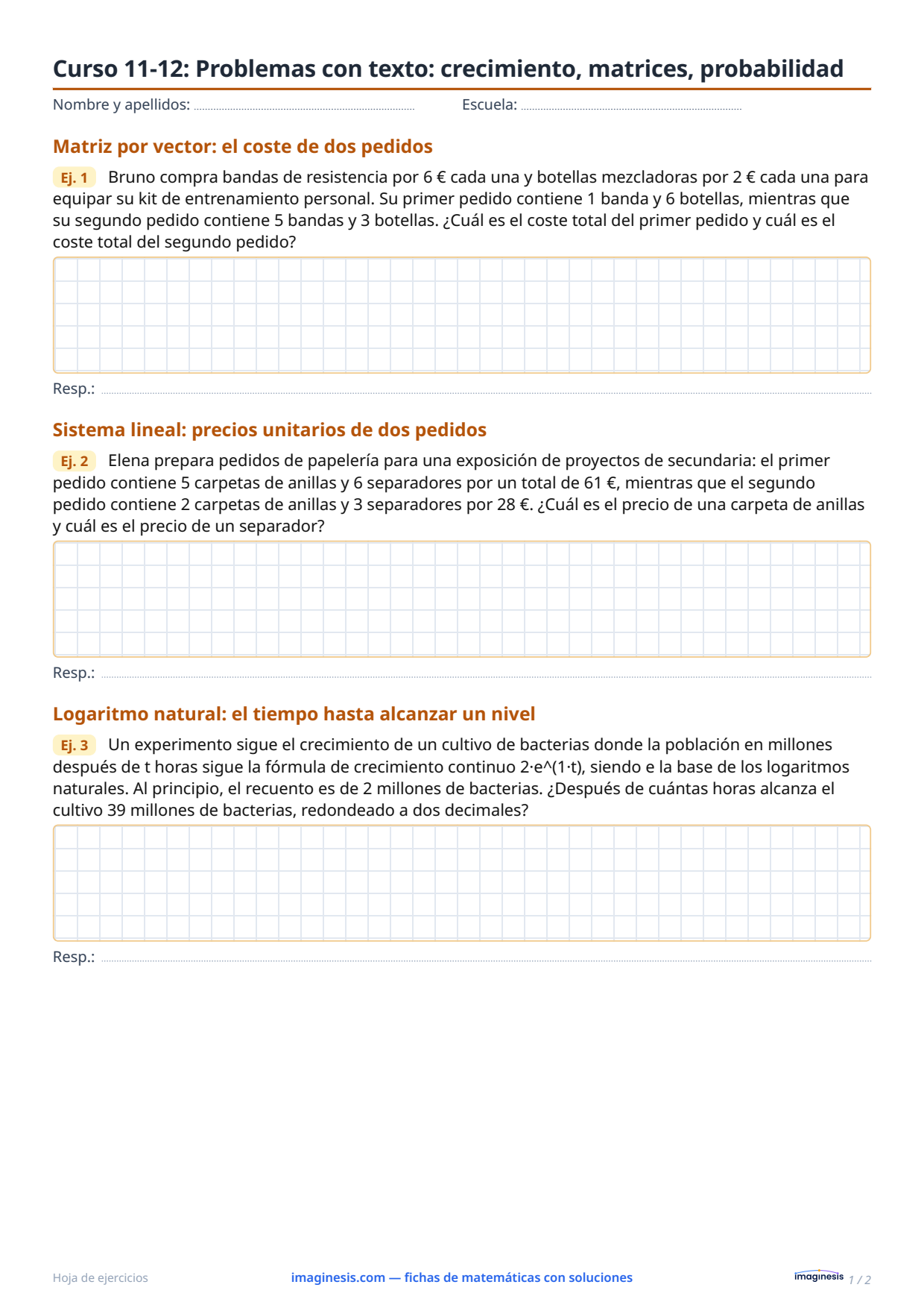 Curso 11-12: Problemas con texto: crecimiento, matrices, probabilidad — Ficha del alumno: ficha de matemáticas para imprimir (Cursos 11–12, Alemania)