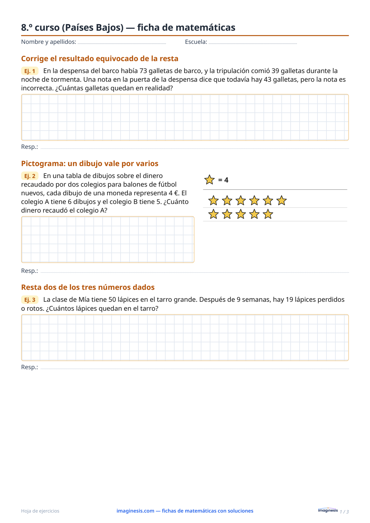 8.º curso (Países Bajos) — ficha de matemáticas — Ficha del alumno: ficha de matemáticas para imprimir (8.º curso, Países Bajos)